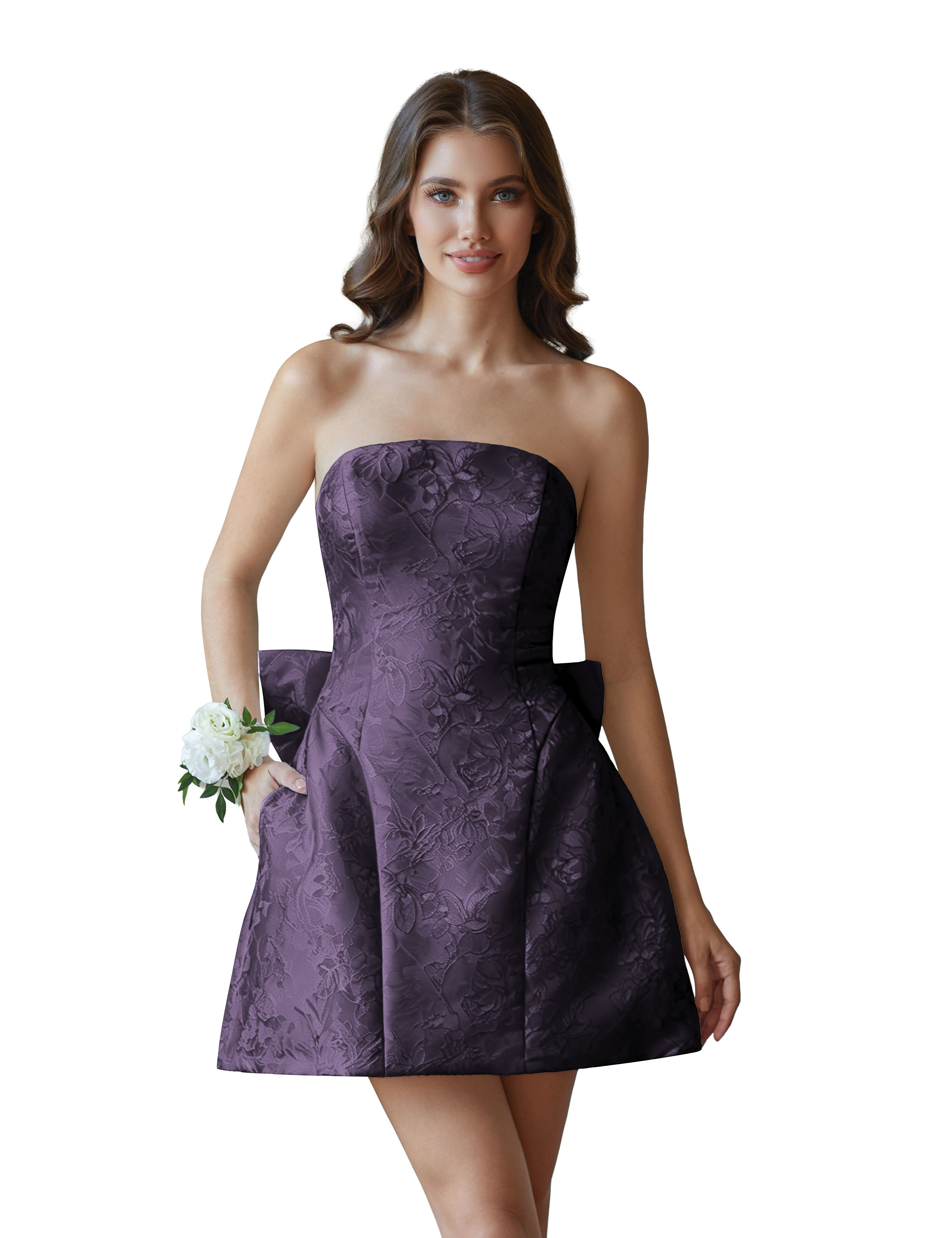 Jacquard Satin Mini Short Party Cocktail Prom Homecoming Dress with Bow Back #HC2401770
