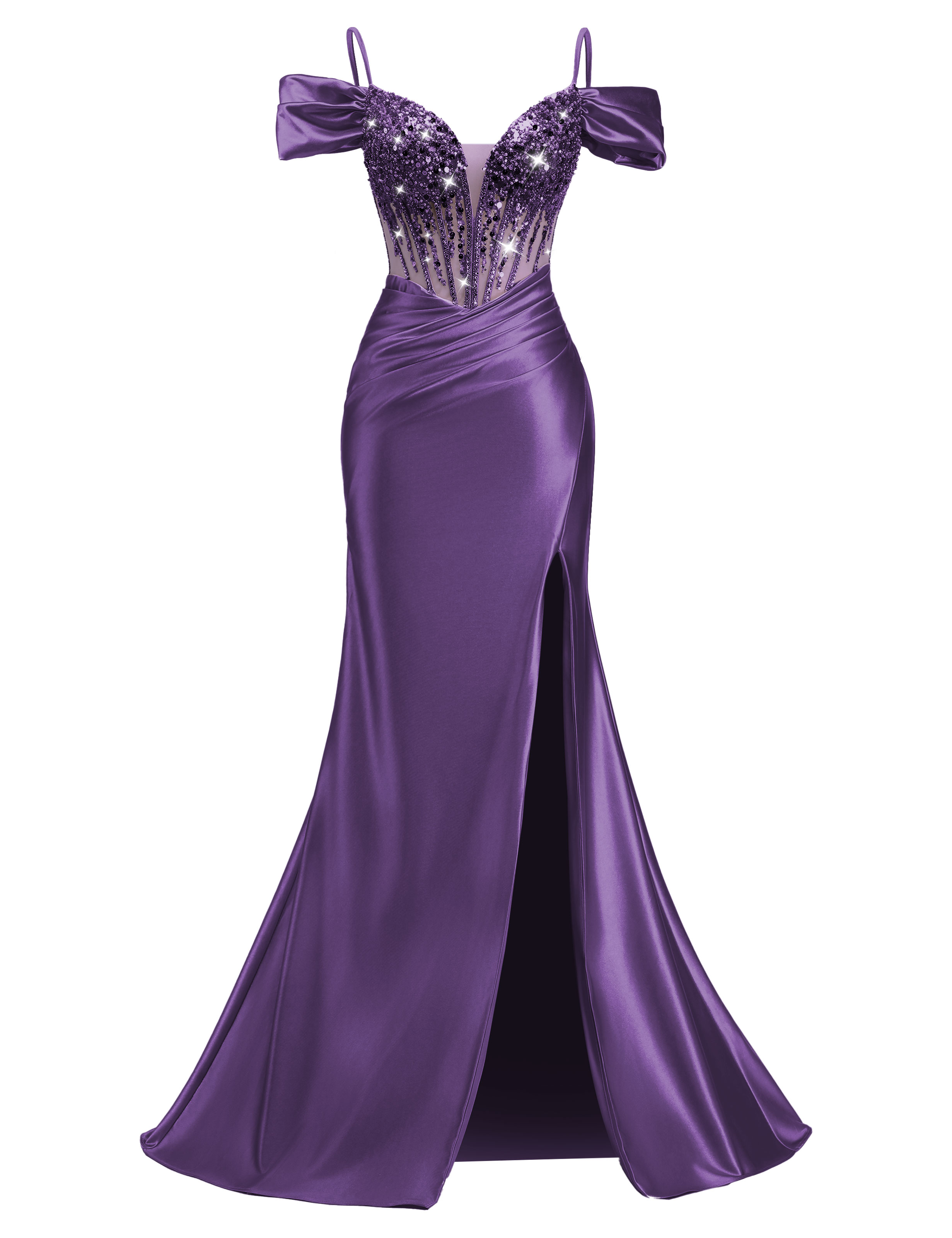 Mermaid V-neck Off Shoulder Beaded Sequin Satin Slit Prom Dress #PR2510014