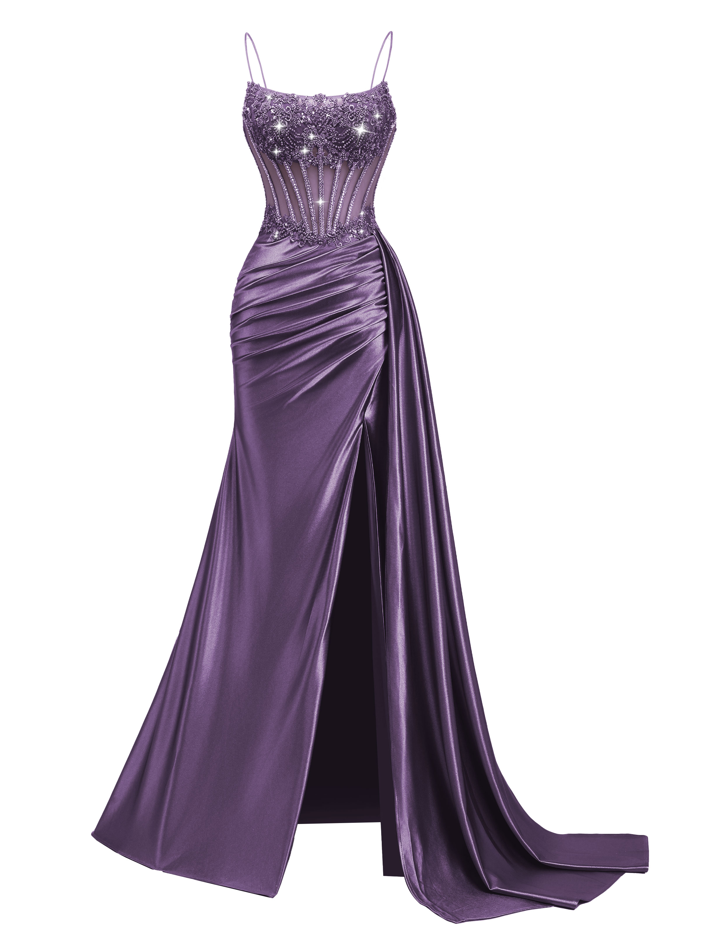 Mermaid Spaghetti Straps Pleated Satin Beaded Slit Prom Dress #PR2510011