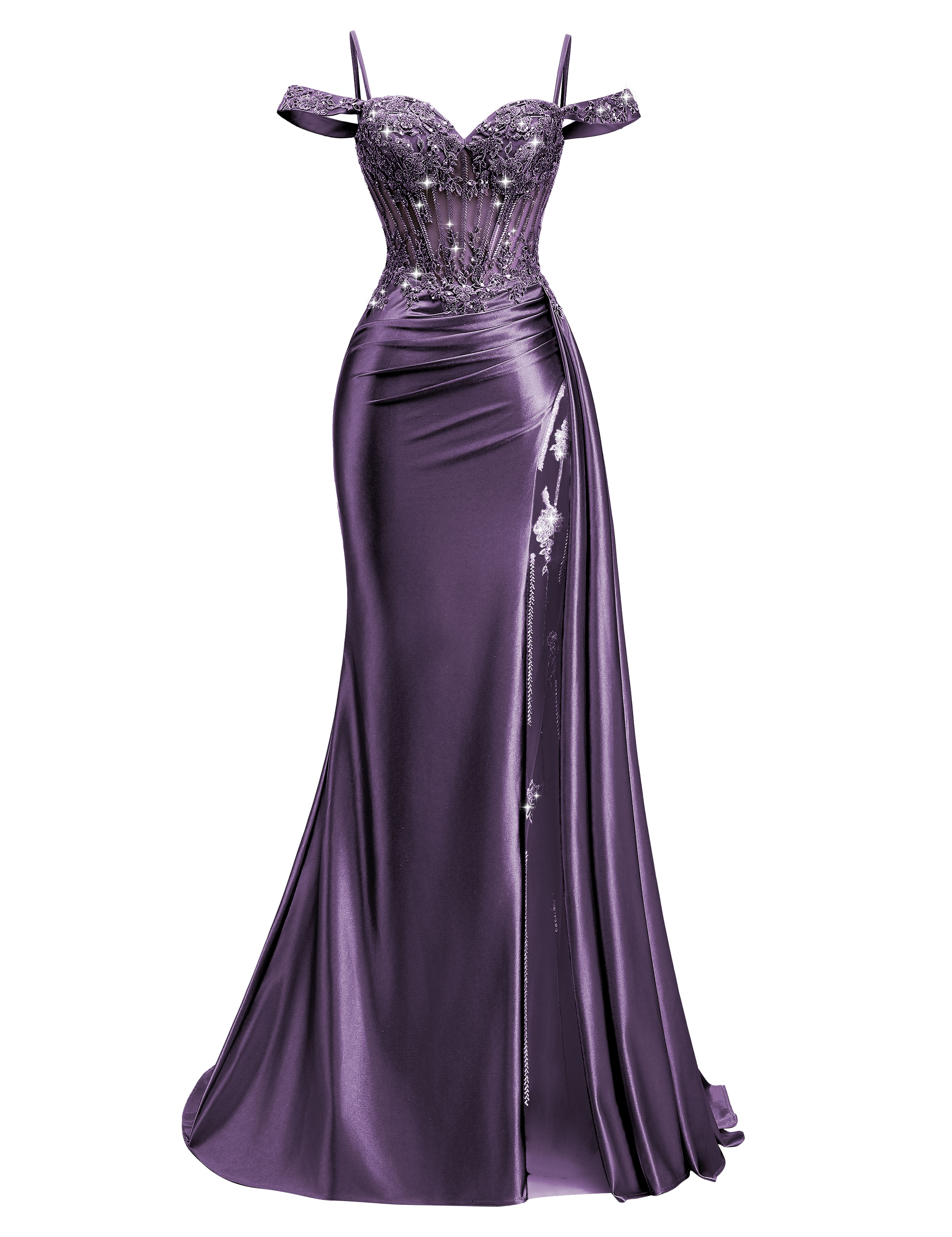 Mermaid Off Shoulder Beaded Sequin Appliques Satin Slit Prom Dress #PR2510009