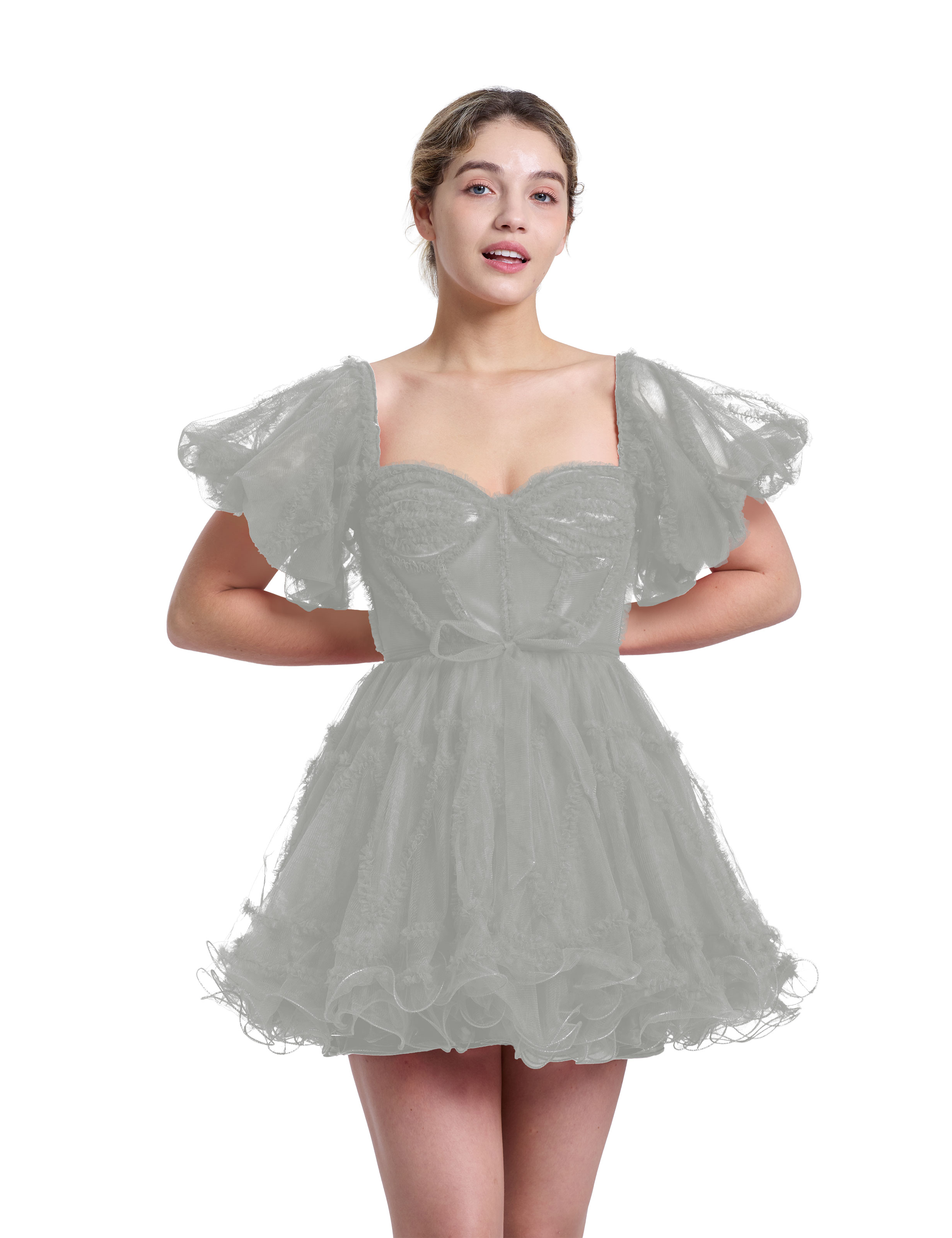 A-line Sweetheart Ruffles Tulle Puffy Sleeves Red Homecoming Dress #HC2401317