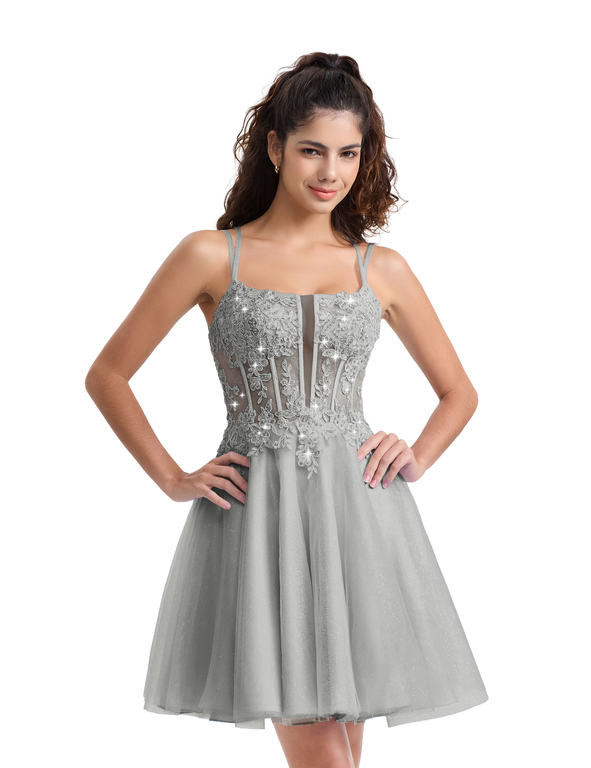 A-line Spaghetti Strap Tulle Lace Appliques Cocktail Homecoming Dress #HC2402129