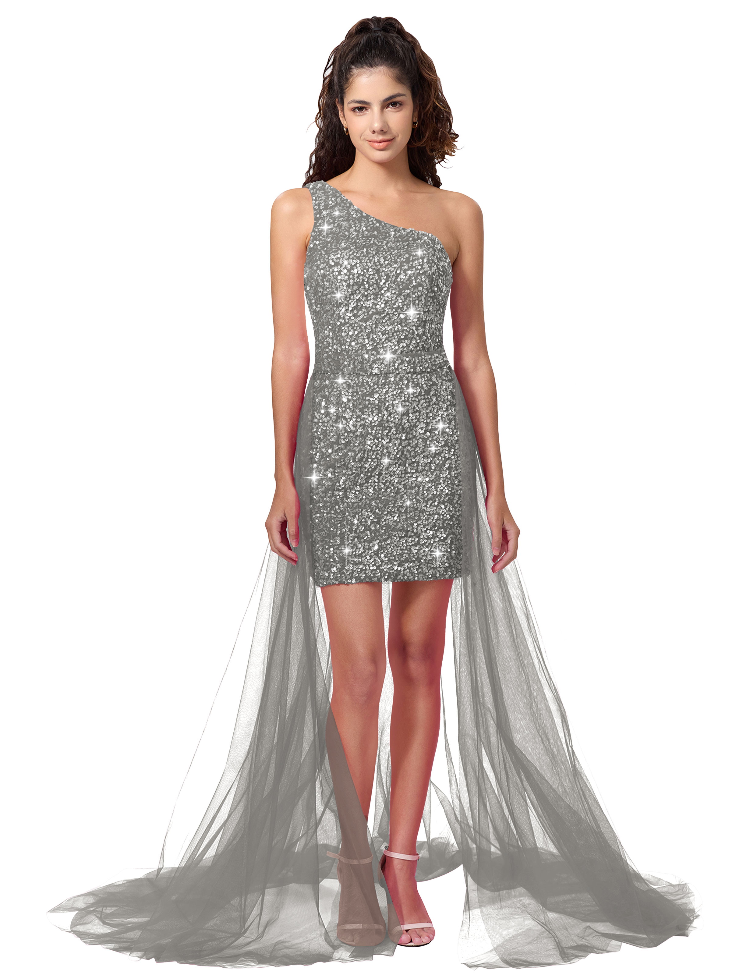 Sparkly One Shoulder Sequin Detachable Waist Cape Homecoming Dress #HC2402126