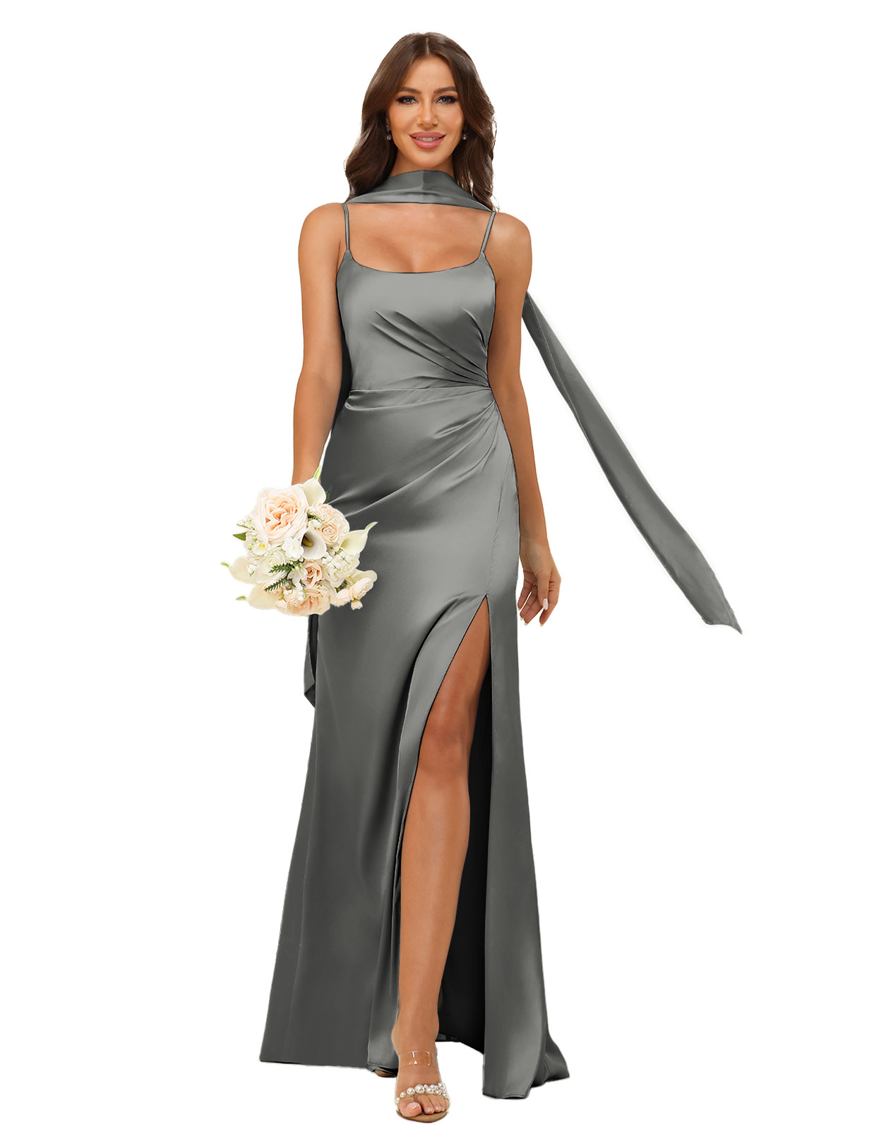 Mermaid U-neck Spaghetti Straps Satin Silt Bridesmaid Dress #BM2507145