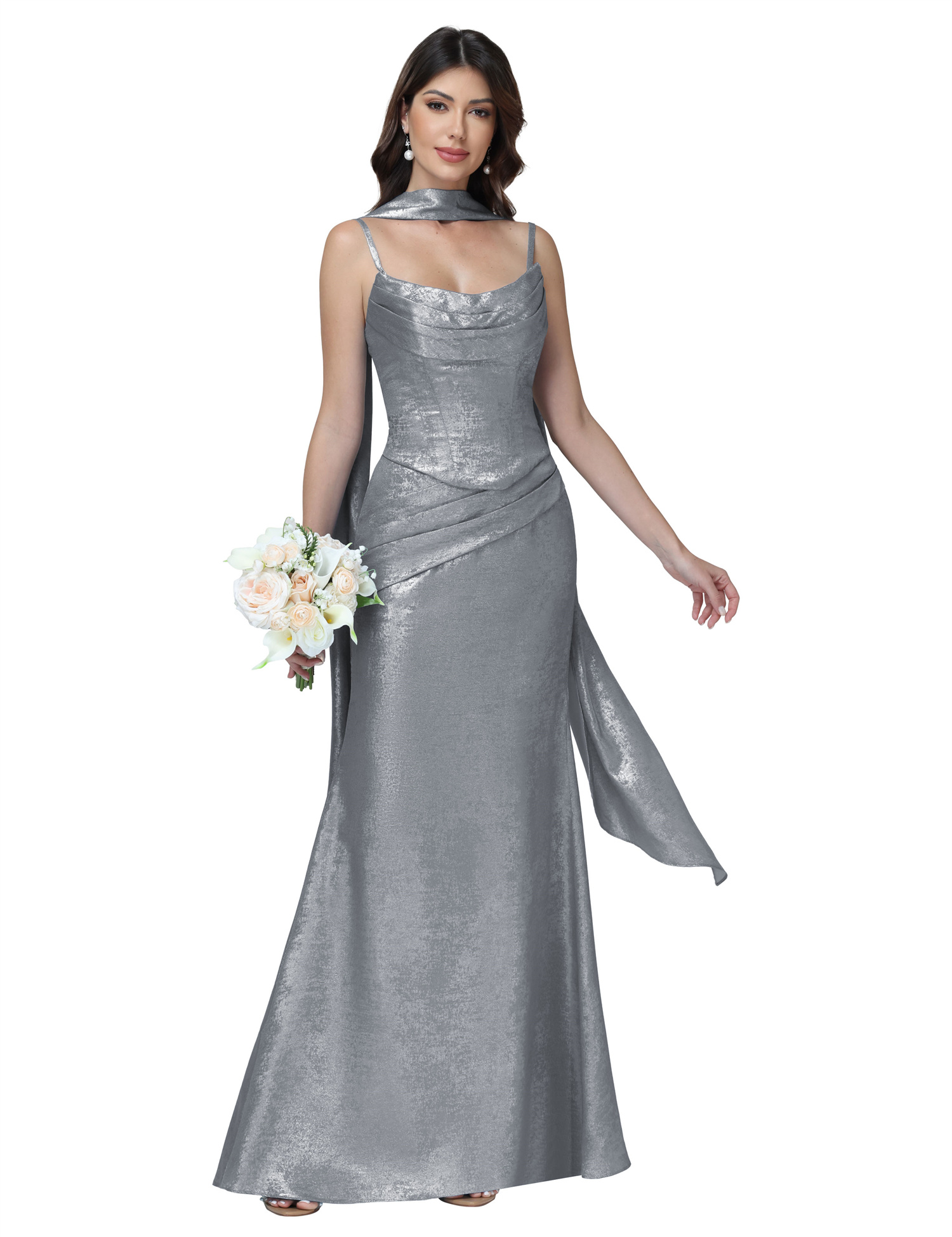 Mermaid Spaghttei Straps Prom Dress 2 Pieces Bridesmaid Dress with Scarf #BM2512054