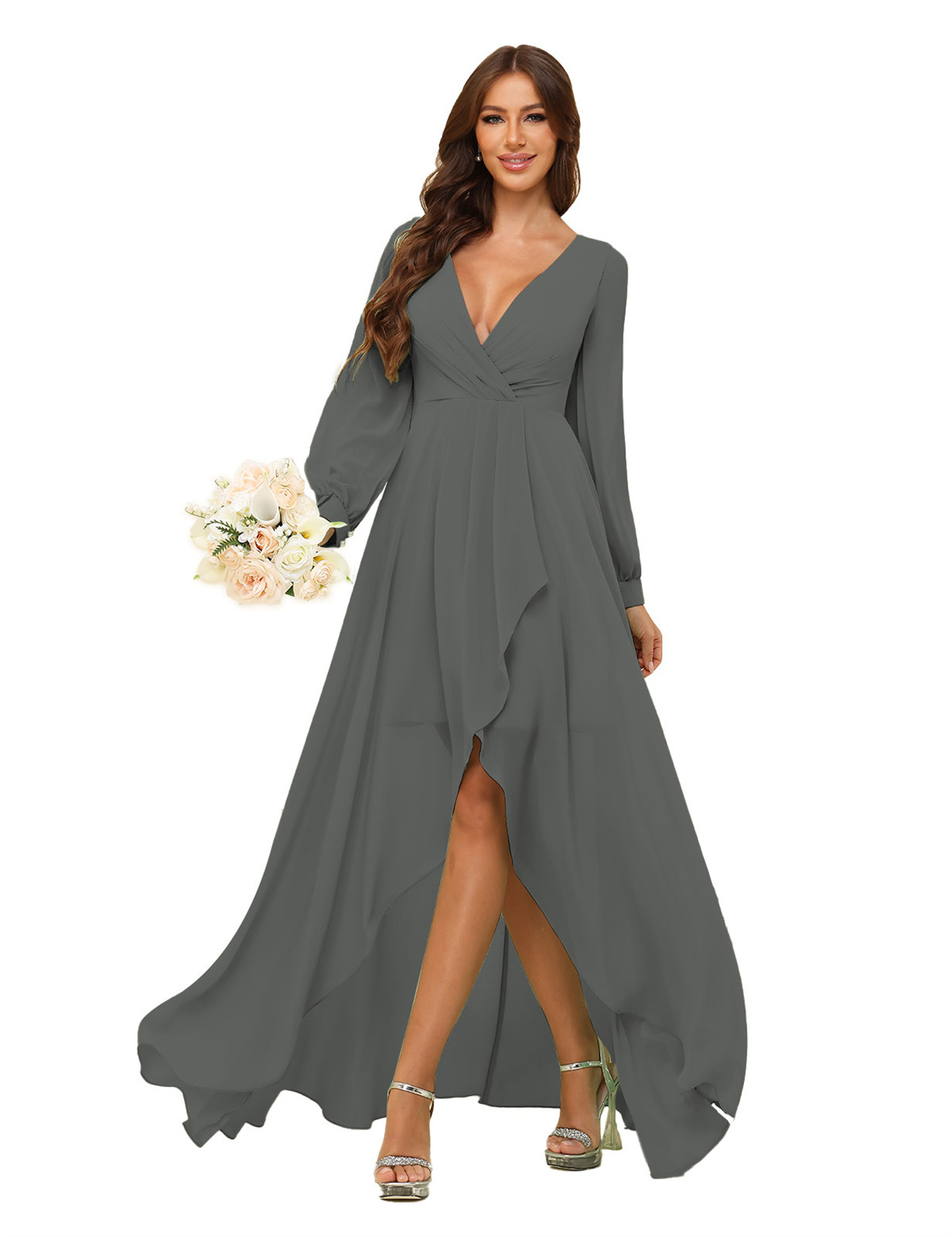 A-line Deep V-neck Chiffon Long Sleeves Bridesmaid Dress #BM2507136