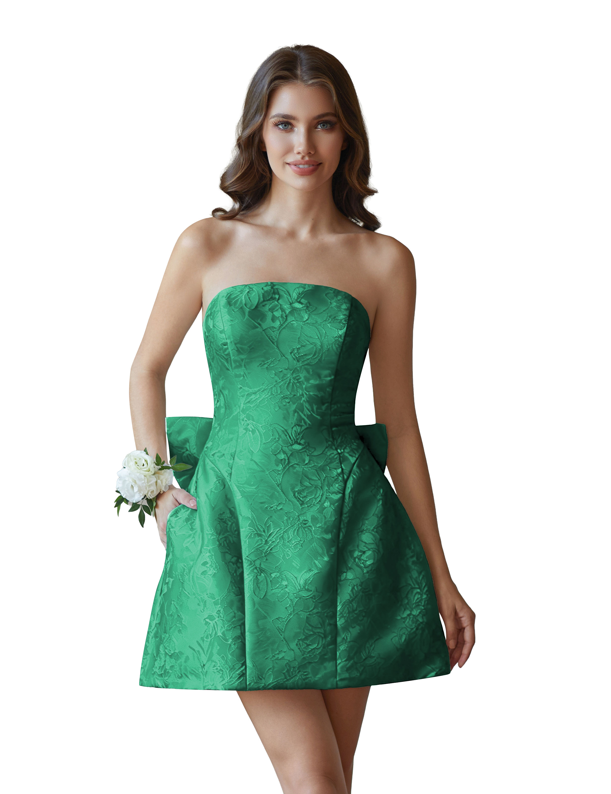 Jacquard Satin Mini Short Party Cocktail Prom Homecoming Dress with Bow Back #HC2401770