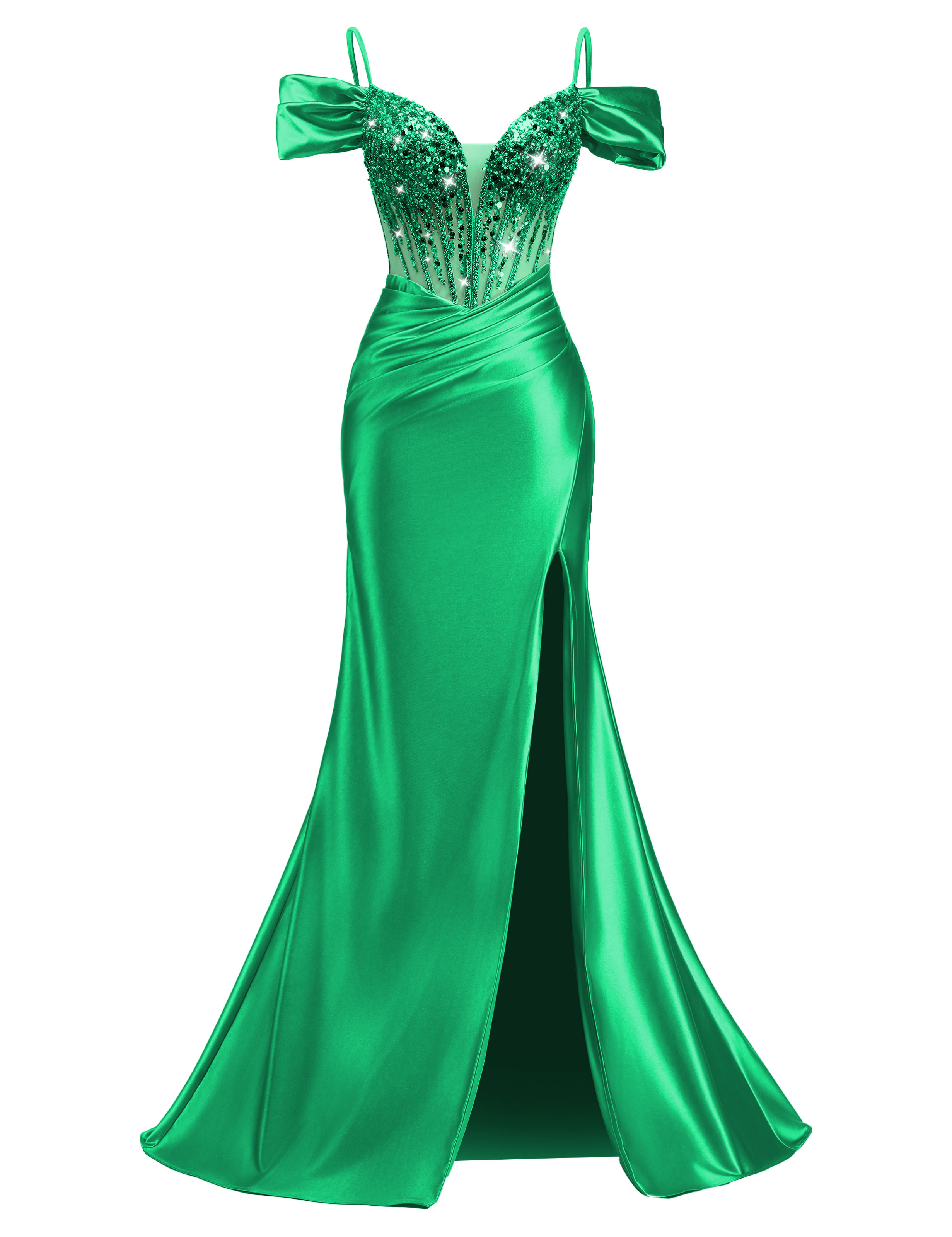Mermaid V-neck Off Shoulder Beaded Sequin Satin Slit Prom Dress #PR2510014