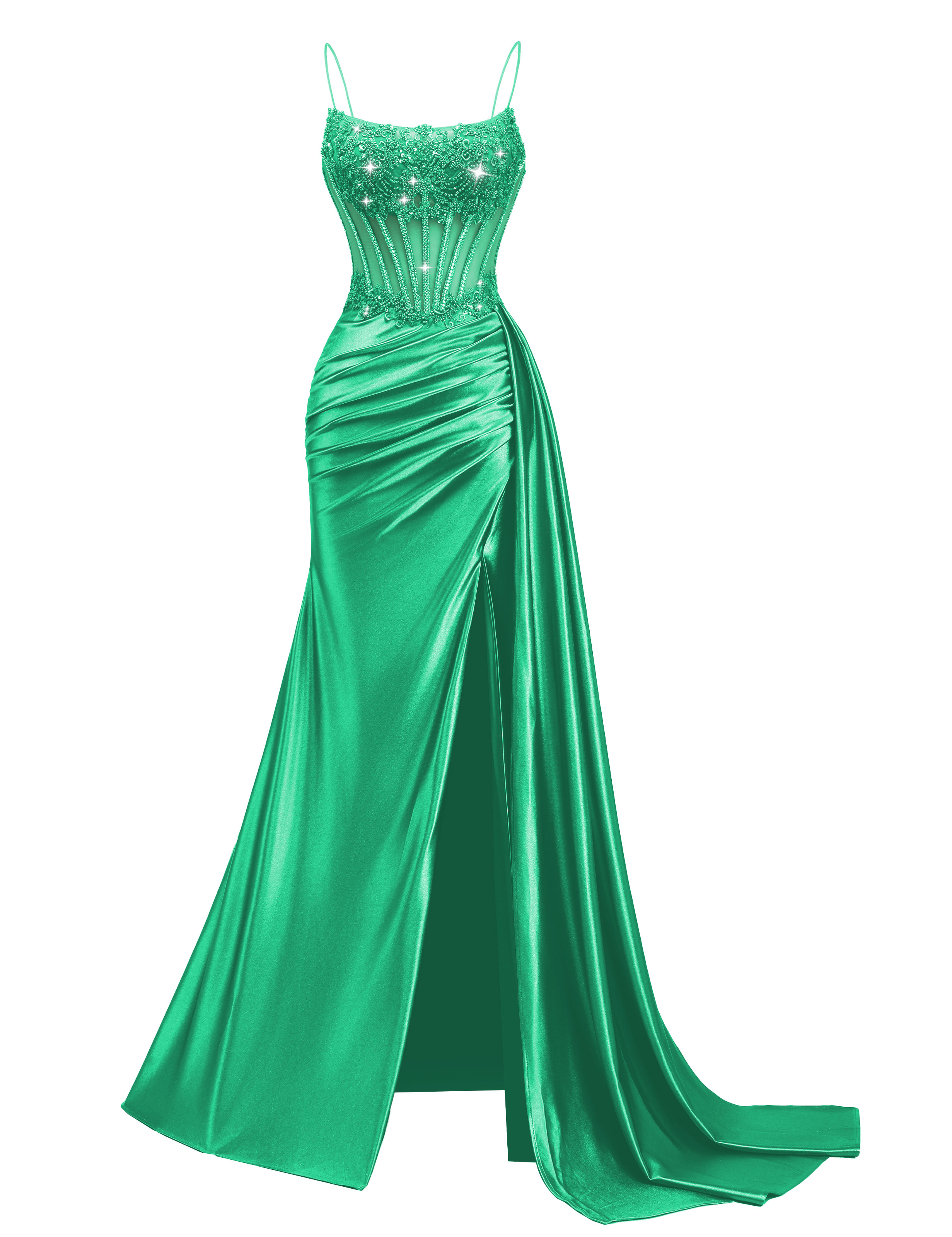 Mermaid Spaghetti Straps Pleated Satin Beaded Slit Prom Dress #PR2510011