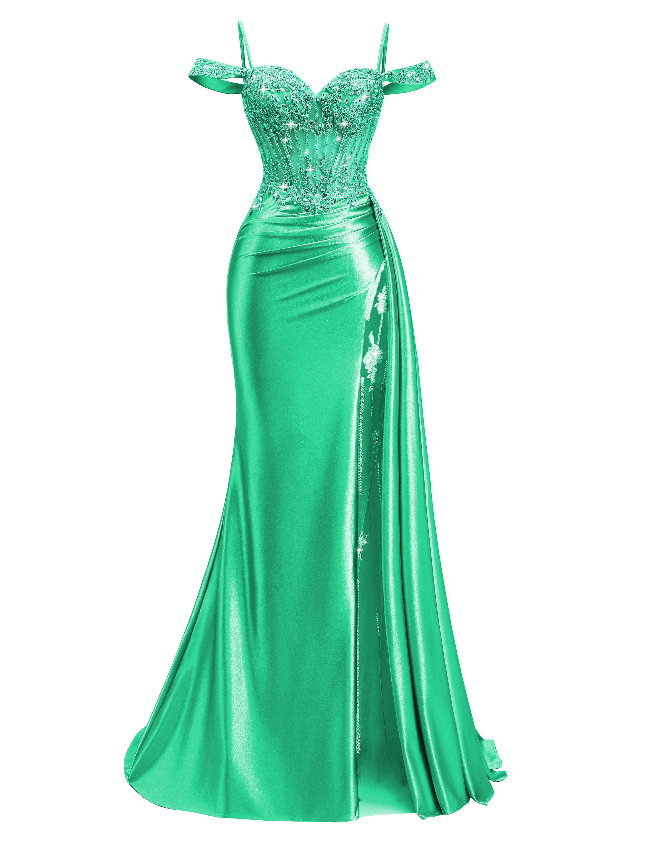 Mermaid Off Shoulder Beaded Sequin Appliques Satin Slit Prom Dress #PR2510009