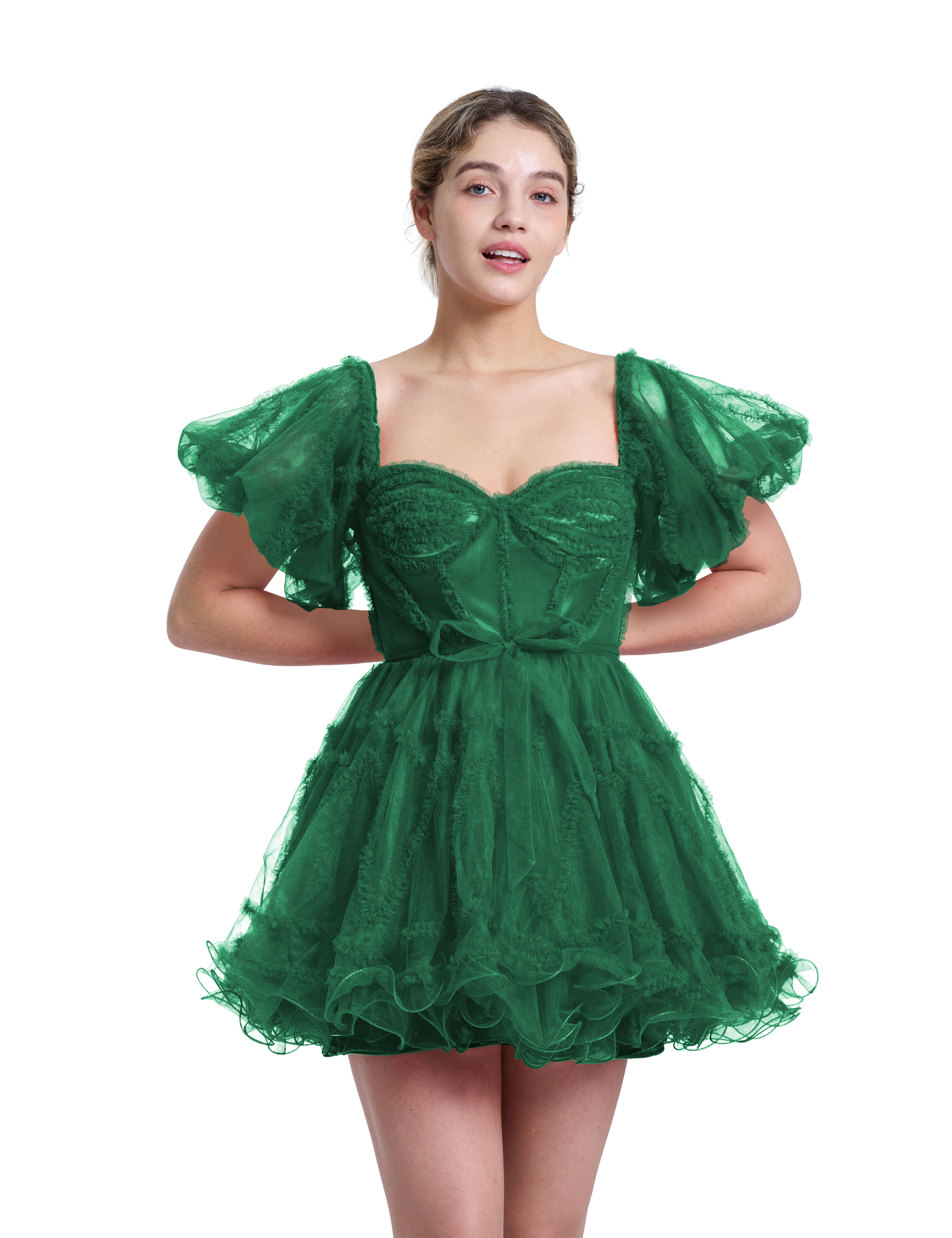 A-line Sweetheart Ruffles Tulle Puffy Sleeves Red Homecoming Dress #HC2401317