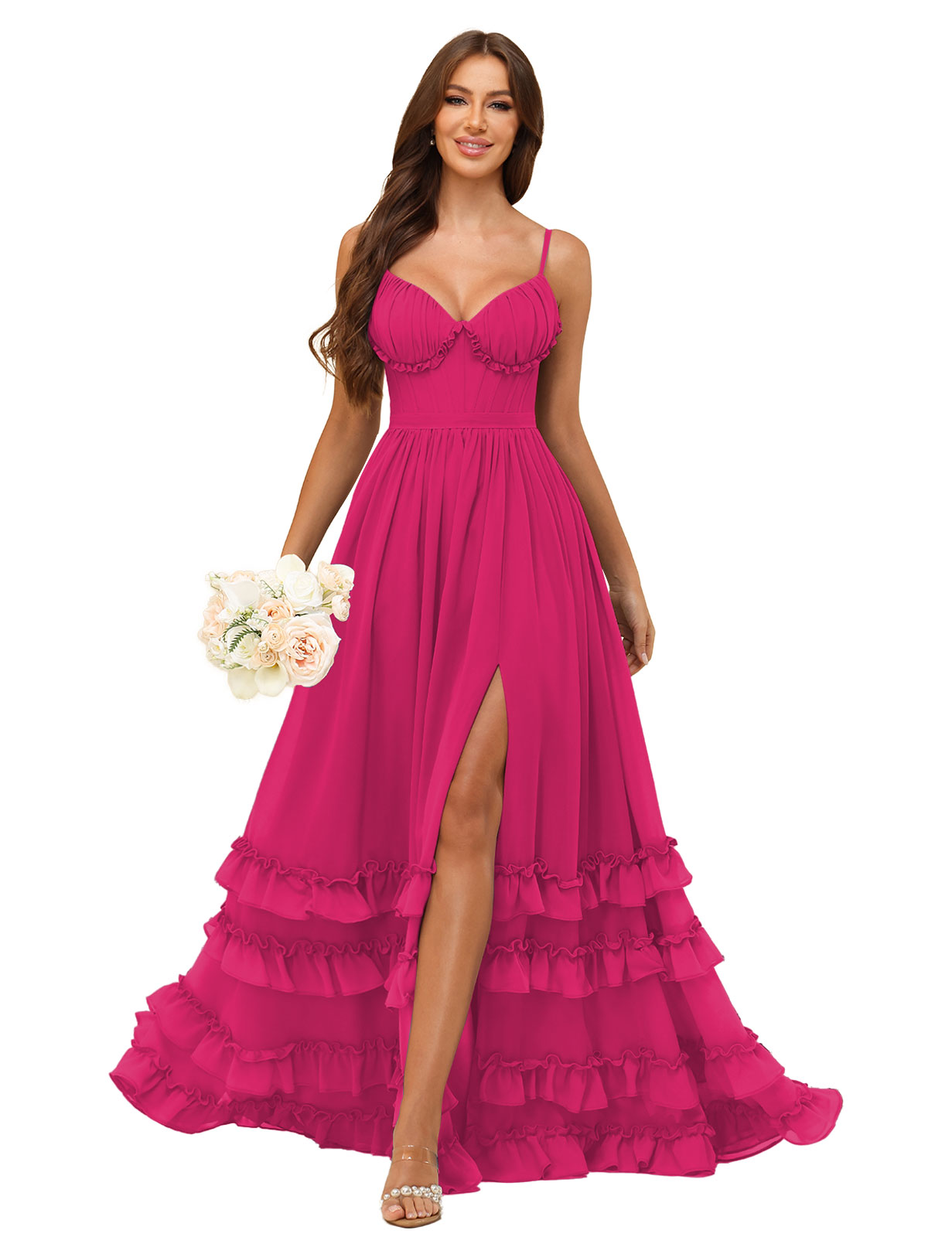 A-line Sweetheart Spaghetti Straps Chiffon Silt Ruffles Bridesmaid Dress #BM2507033