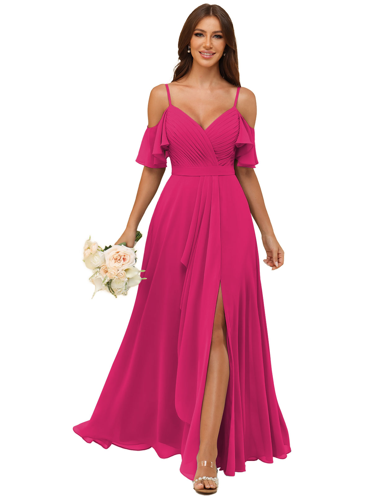 A-line V-neck Spaghetti Straps Chiffon Silt Bridesmaid Dress #BM2507214
