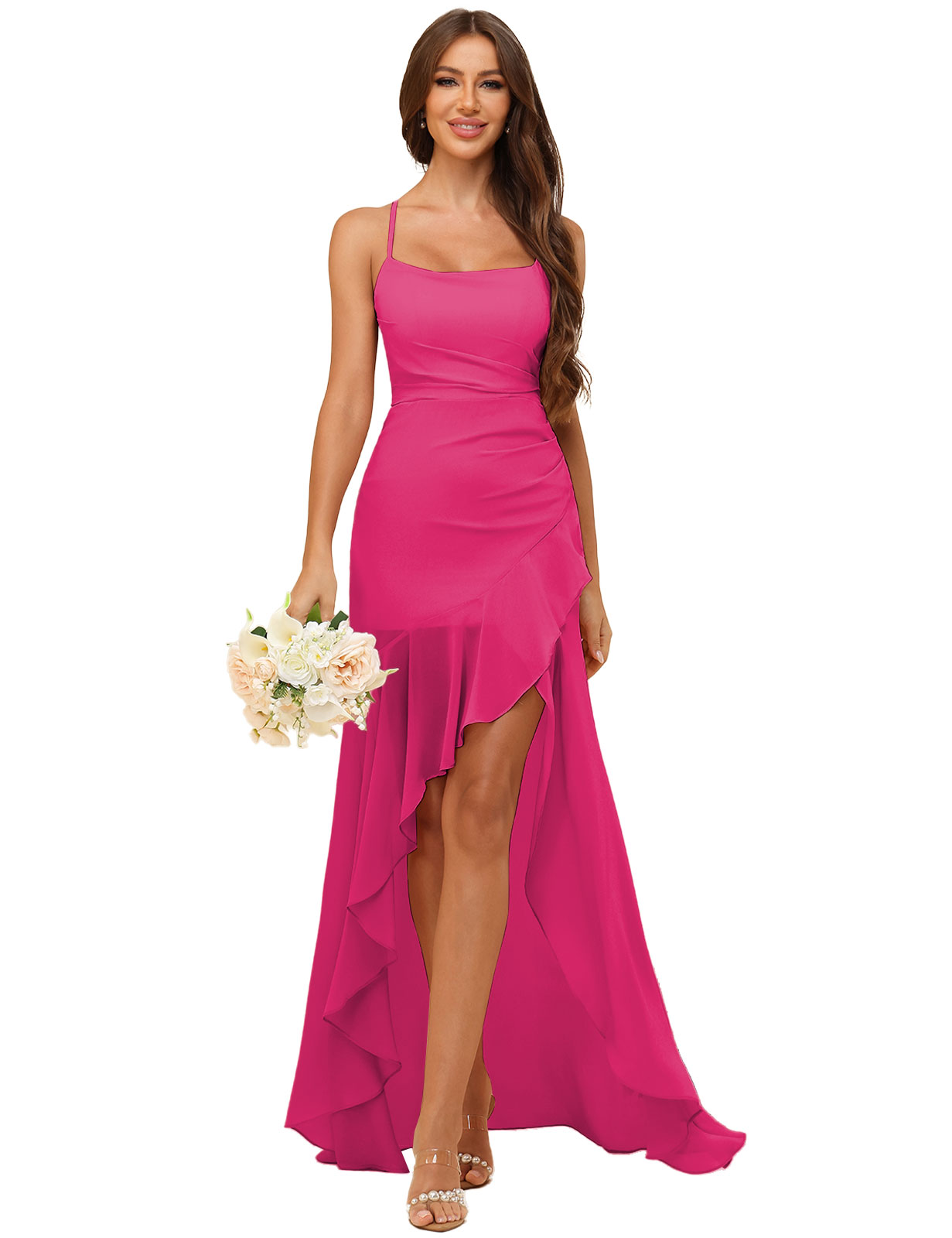 A-line Strapless Chiffon High Low Ruffles Bridesmaid Dress #BM2507148