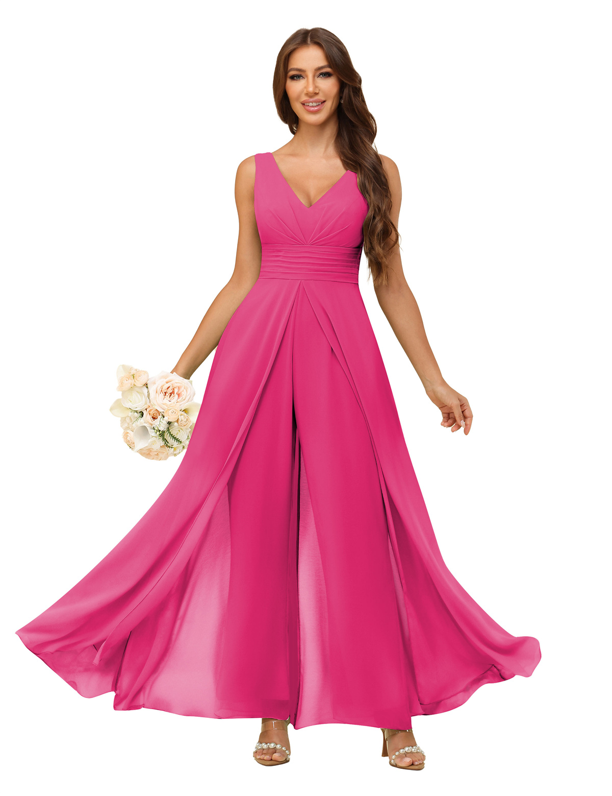 A-line V-neck Chiffon Straps V-back Bridesmaid Dress #PR2507216