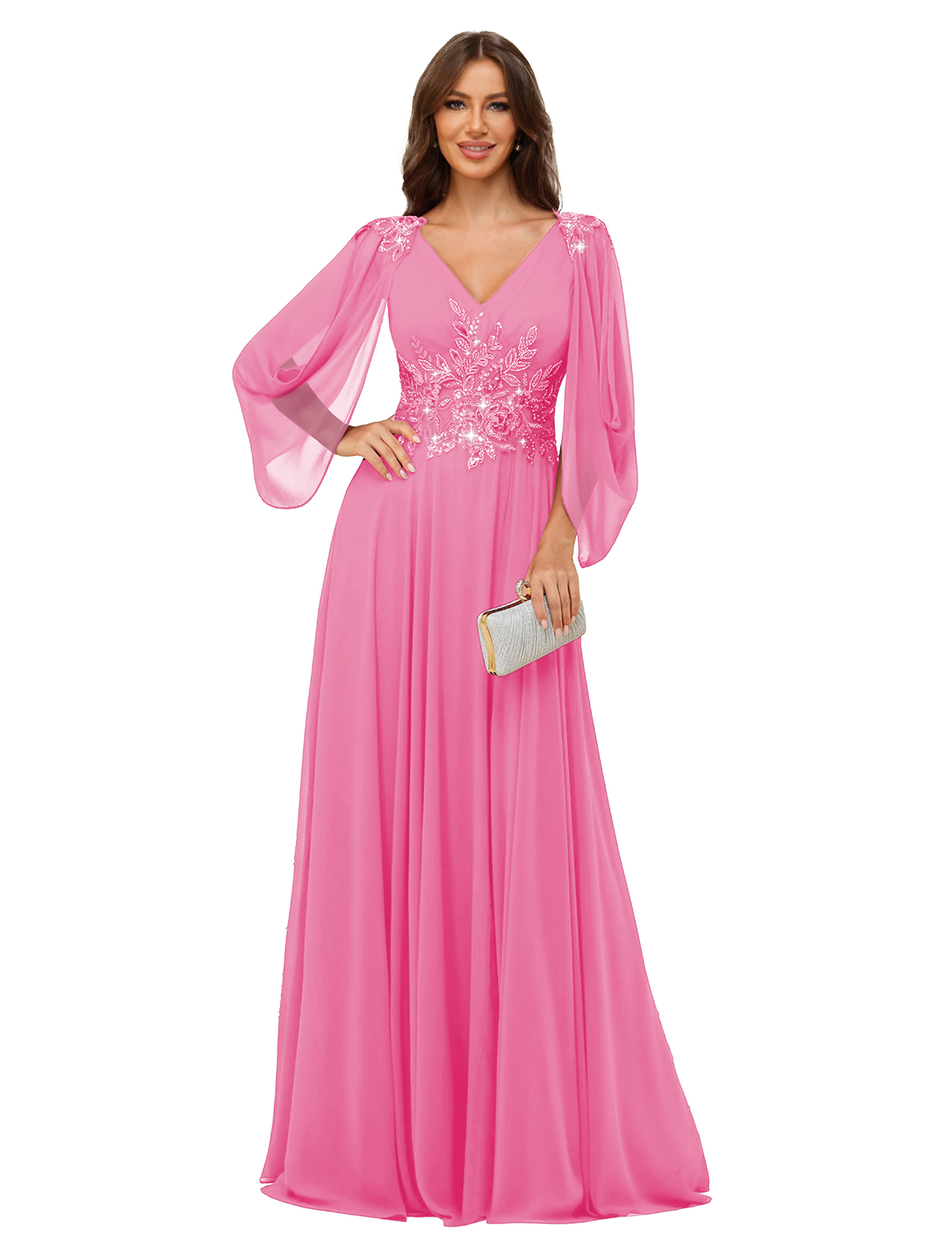 A-line V-neck Chiffon V-back Long Sleeves Mother of The Bride Dress #BM2501034
