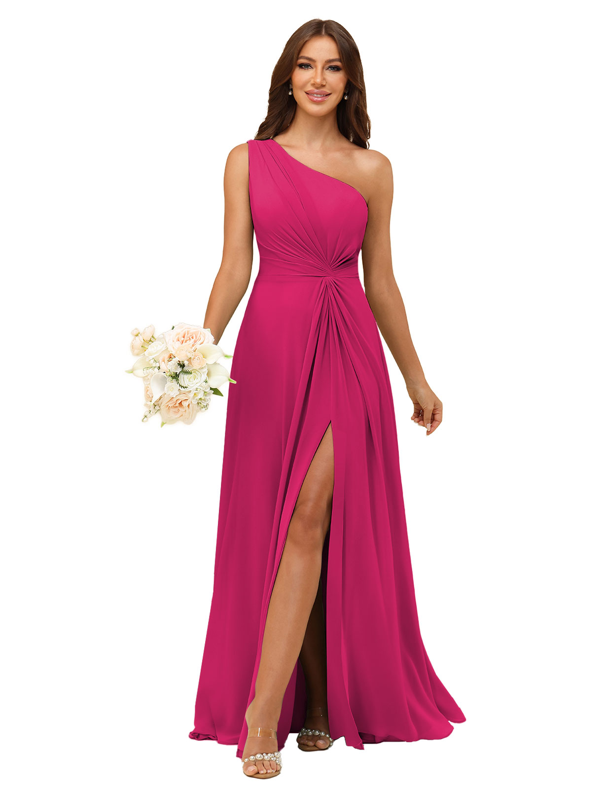 A-line One Shoulder Chiffon Silt Bridesmaid Dress #BM2508033