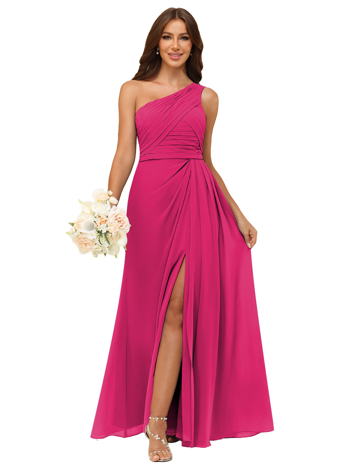 A-line One Shoulder Chiffon Silt Back Zip Bridesmaid Dress #BM2504122