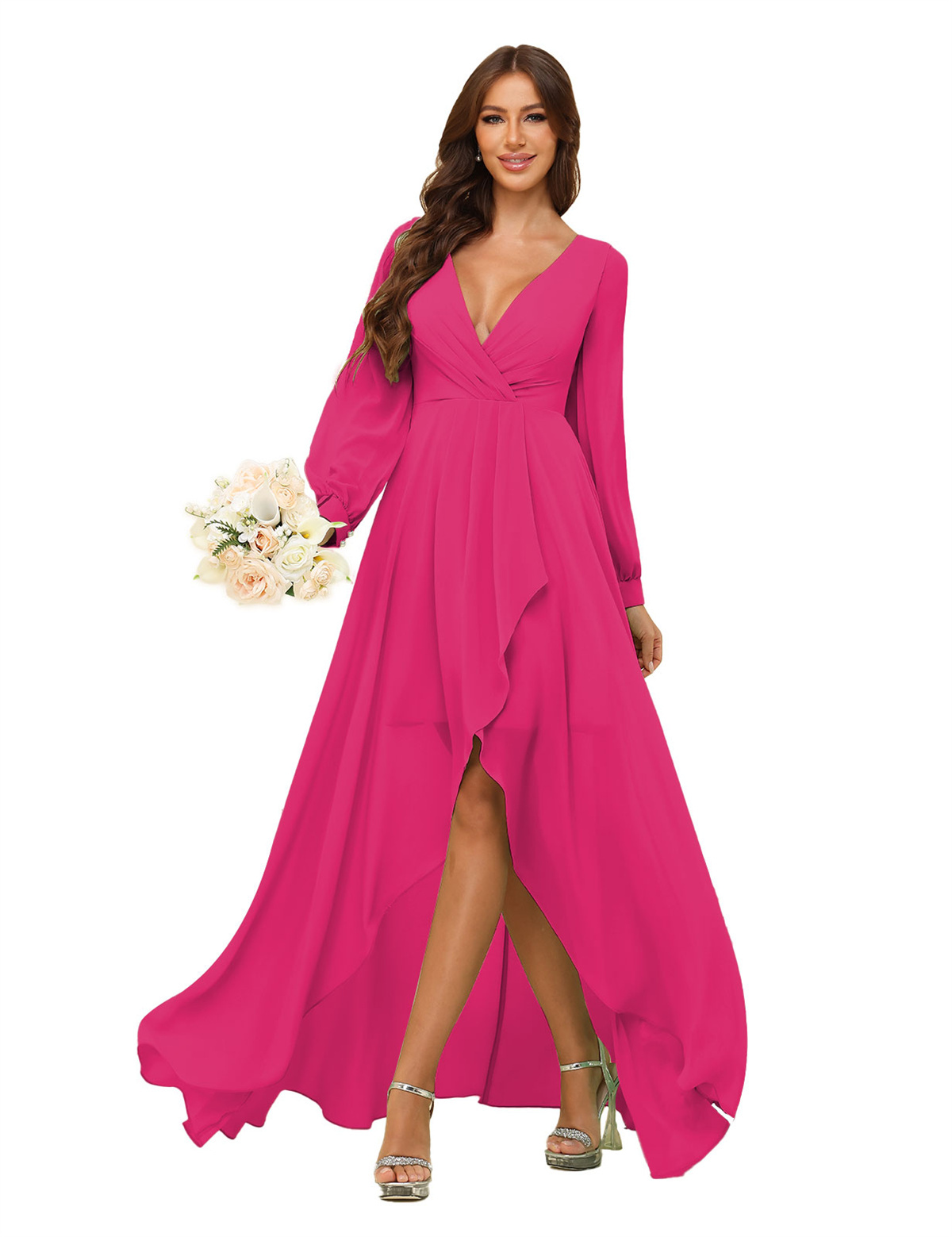 A-line Deep V-neck Chiffon Long Sleeves Bridesmaid Dress #BM2507136