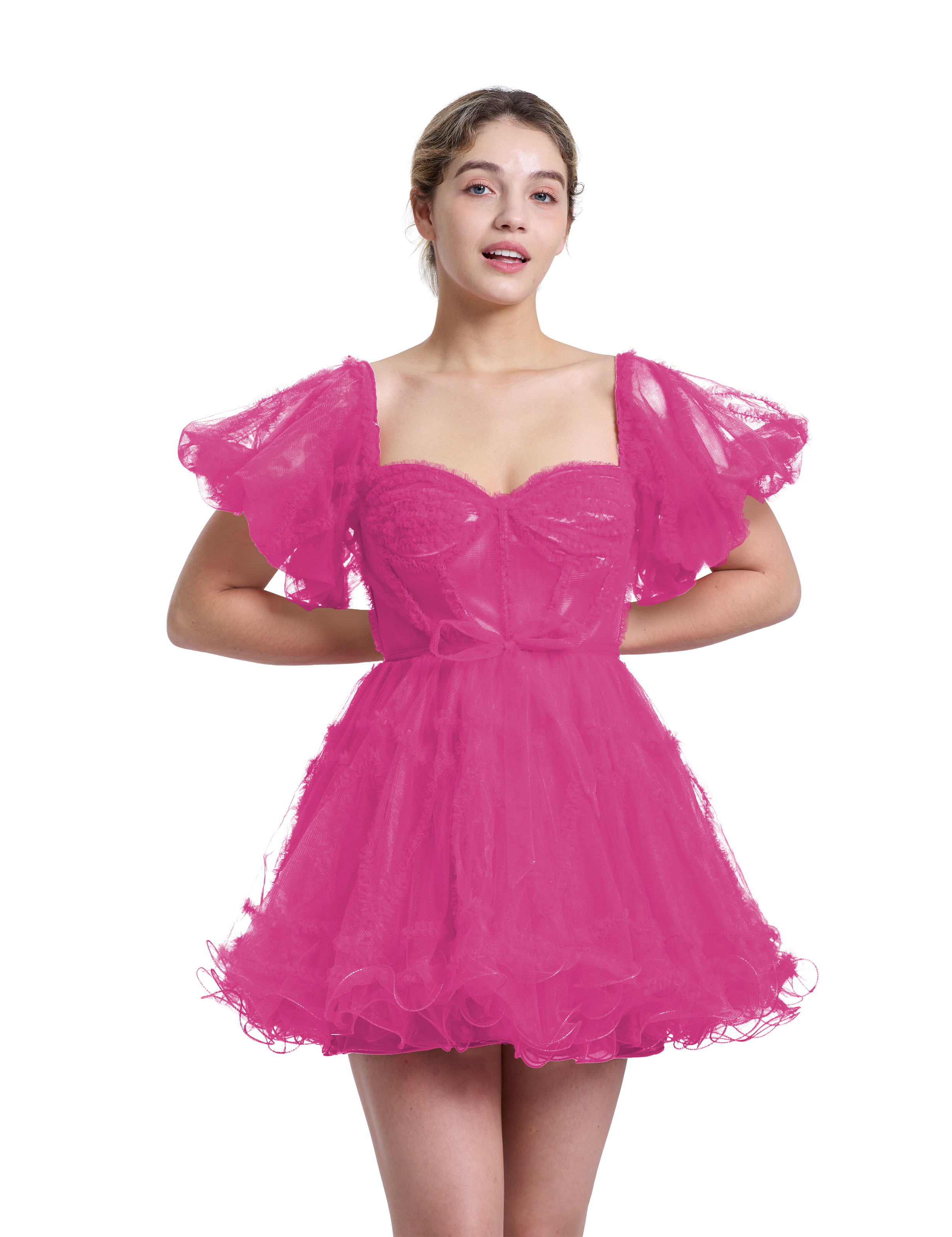 A-line Sweetheart Ruffles Tulle Puffy Sleeves Red Homecoming Dress #HC2401317