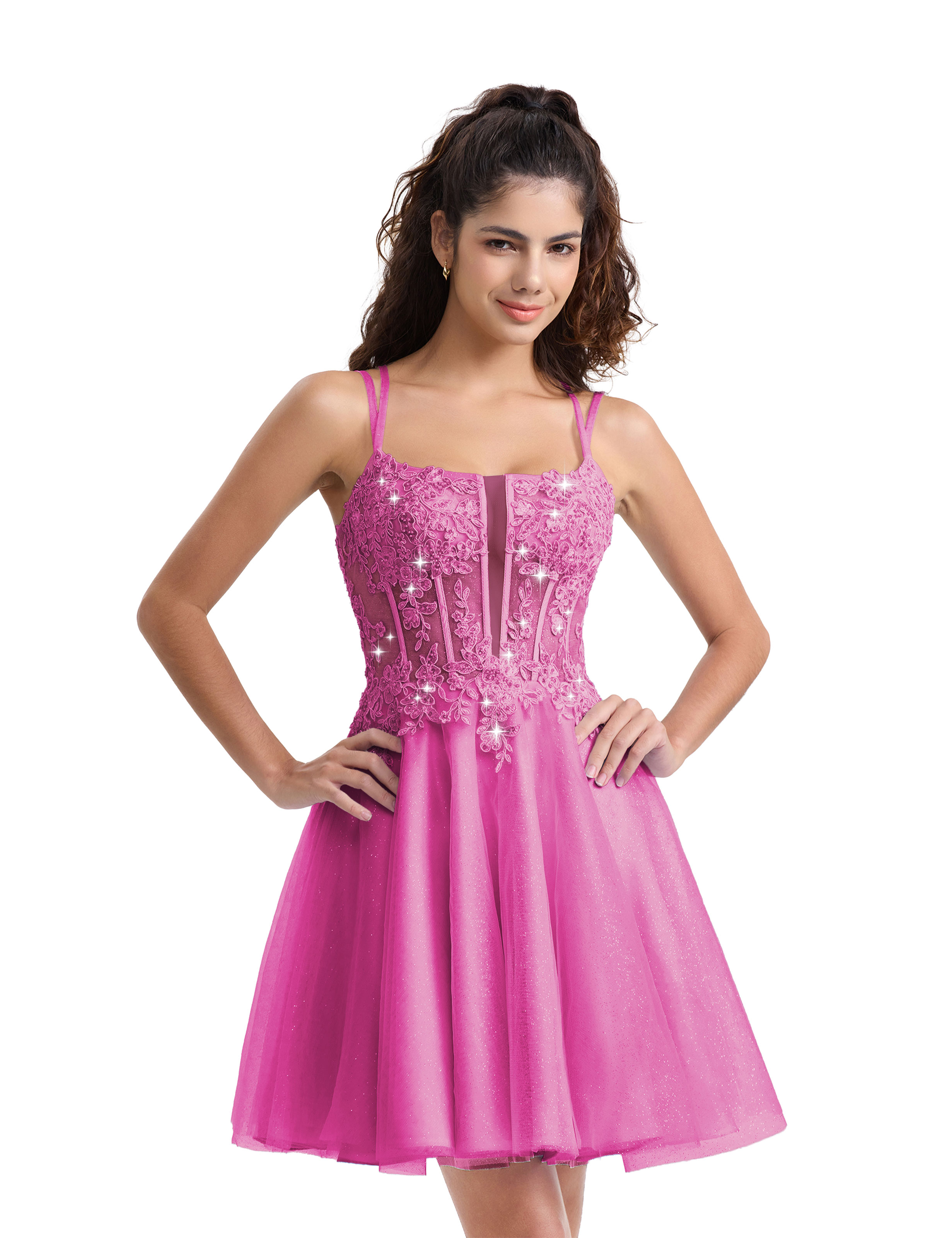 A-line Spaghetti Strap Tulle Lace Appliques Cocktail Homecoming Dress #HC2402129