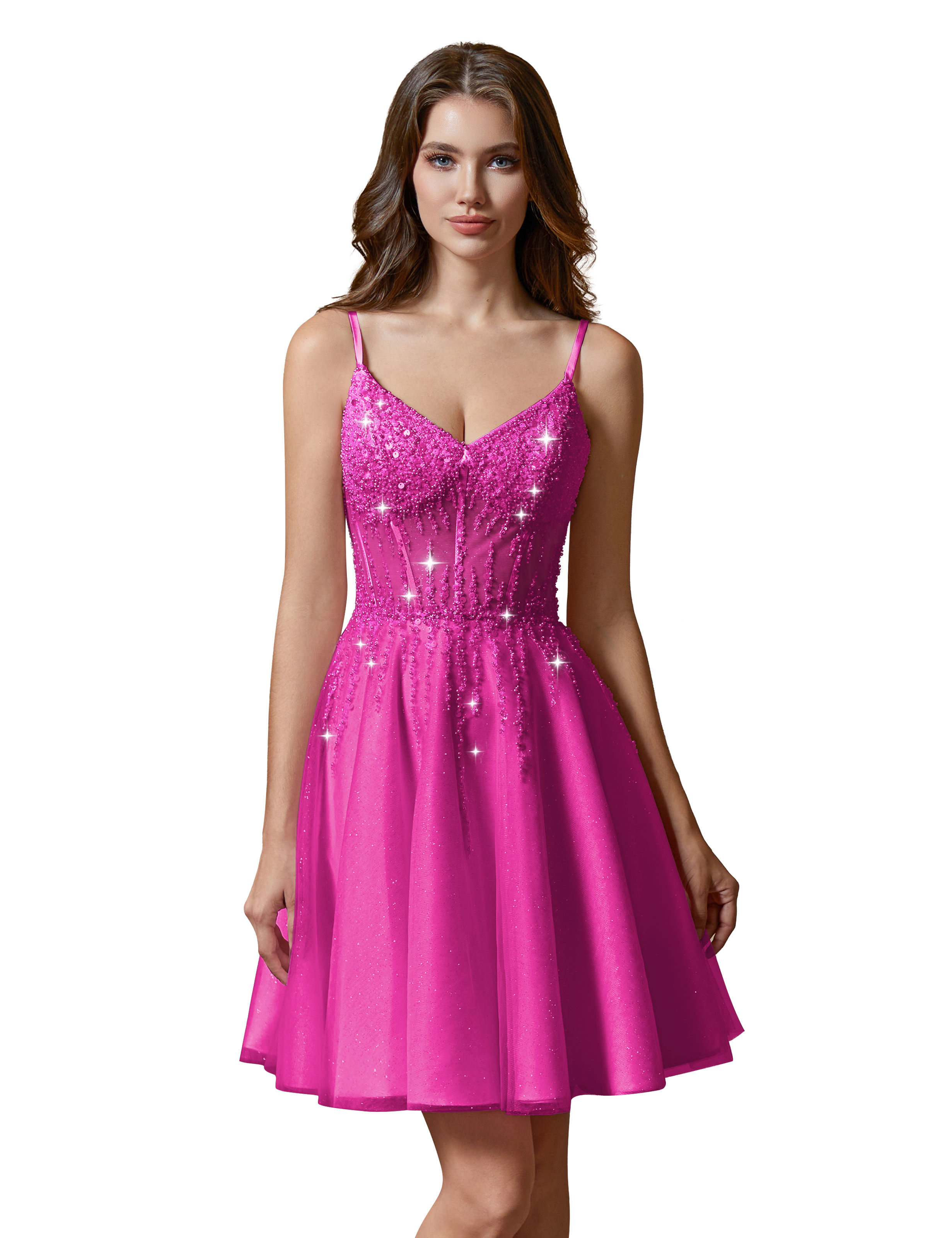 A-line V-Neck Sparkly Tulle Lace Appliques Homecoming Dress #HC2401738