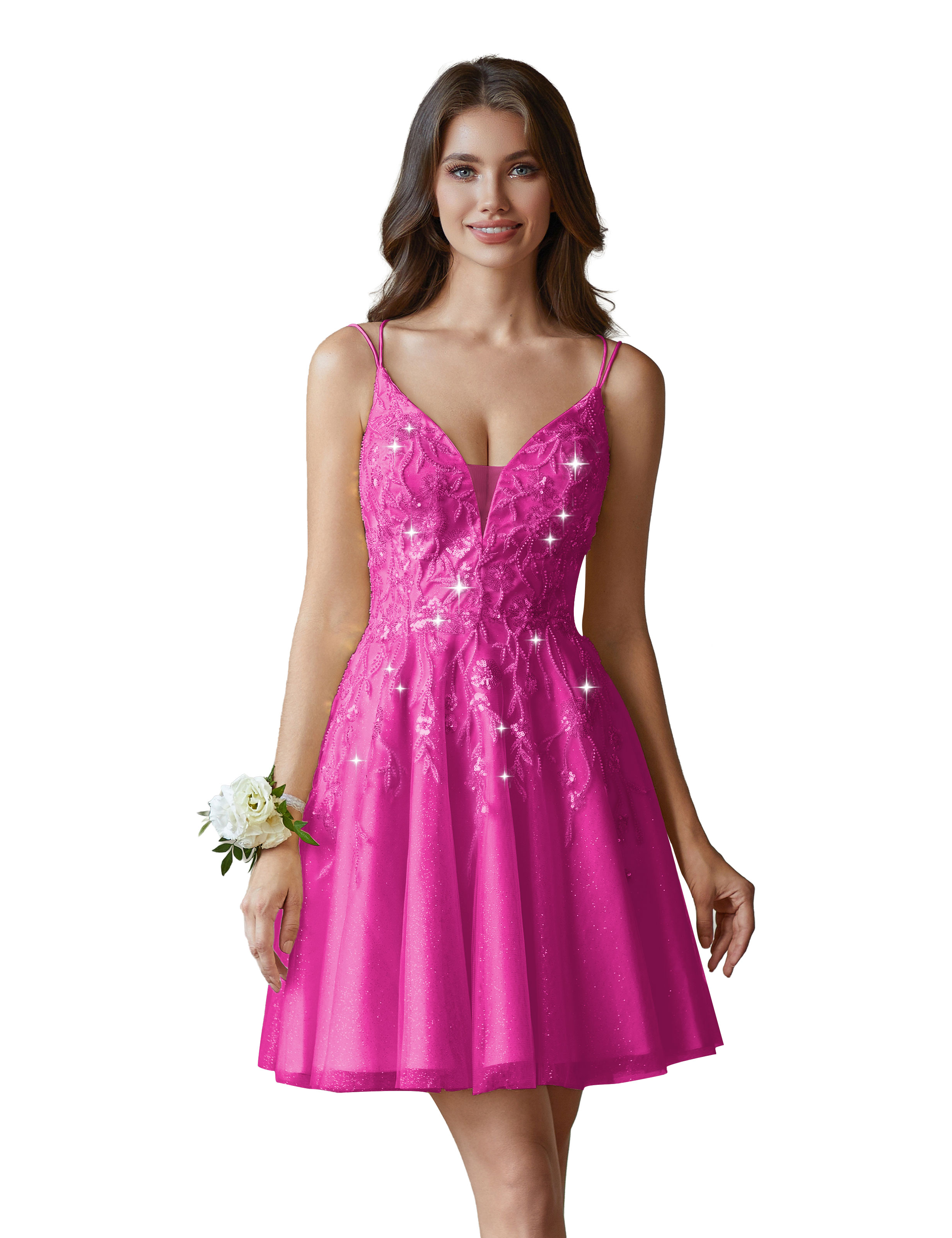 A-line V-Neck Tulle Beaded Lace Appliques Cocktail Homecoming Dress #HC2402602