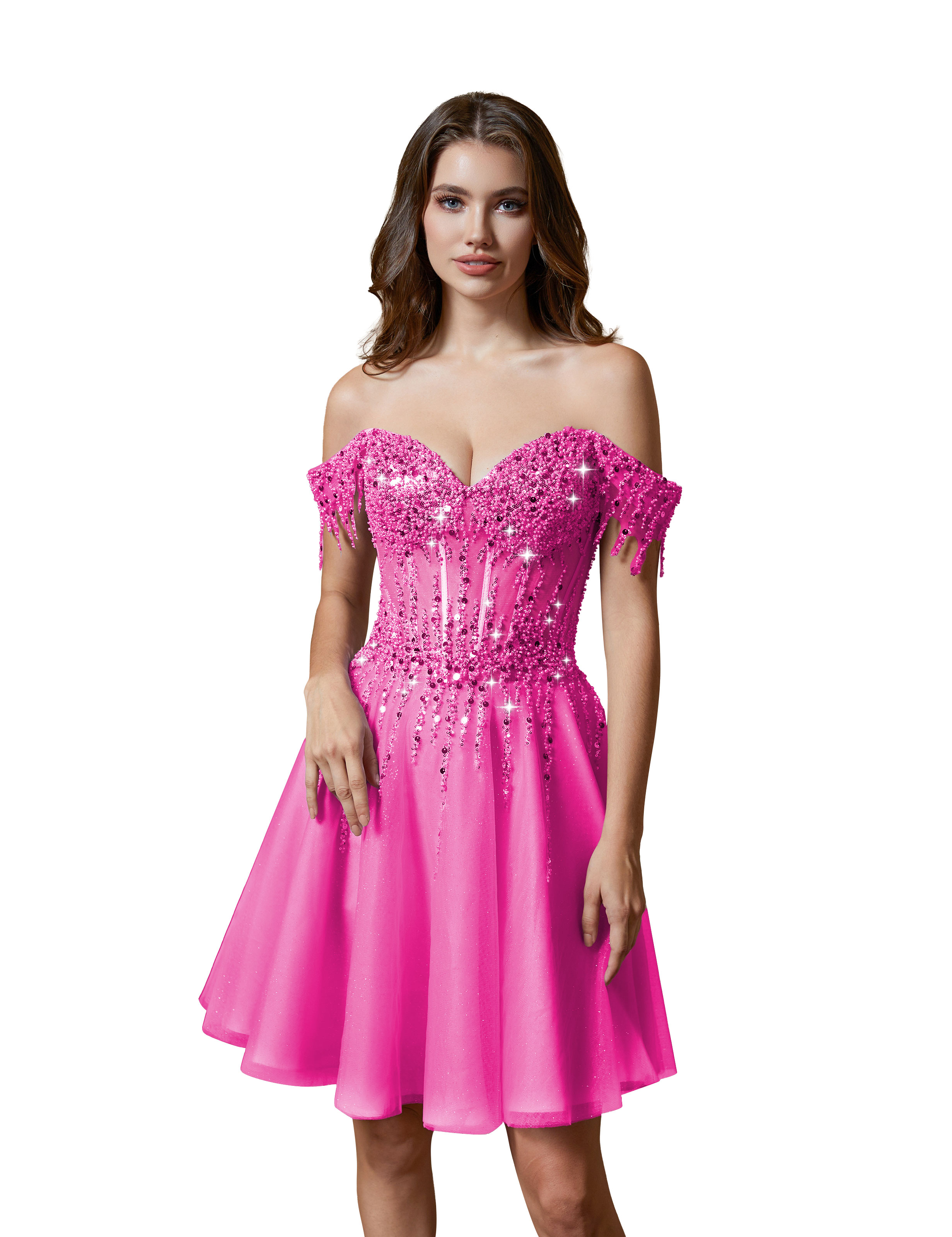 A-line Off Shoulder Lace Appliques Sparkly Sequin Tulle Homecoming Dress #HC2401169