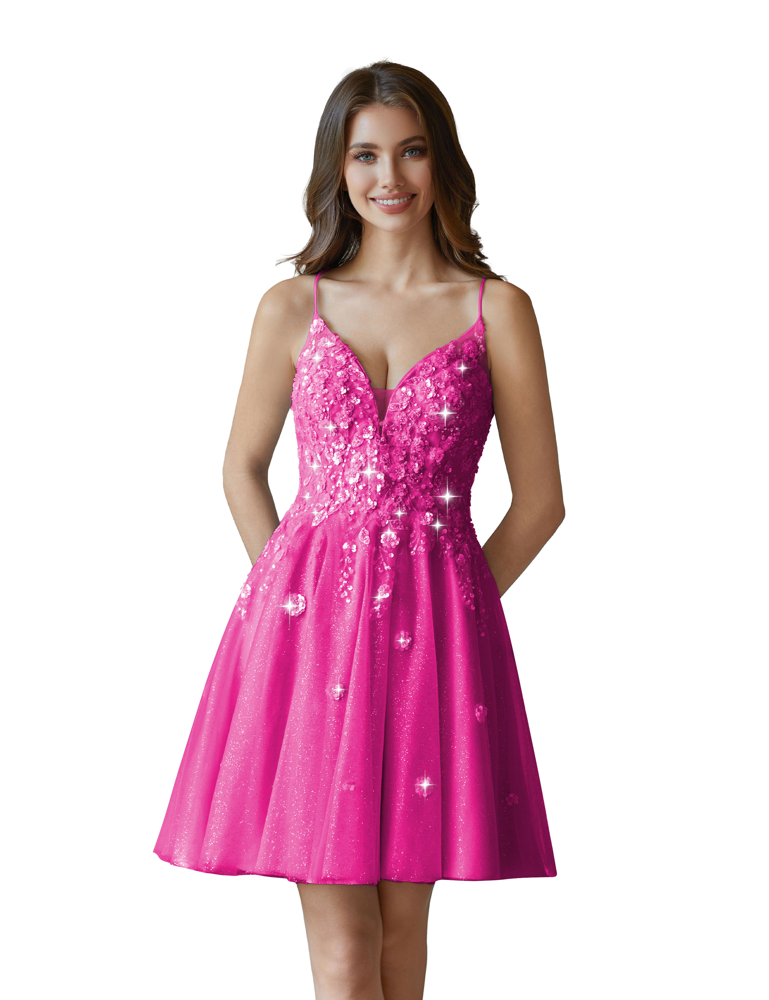 V-Neck Sspaghetti Strap Sparkly Lace Sequin Short Tulle Homecoming Dress #HC2604021