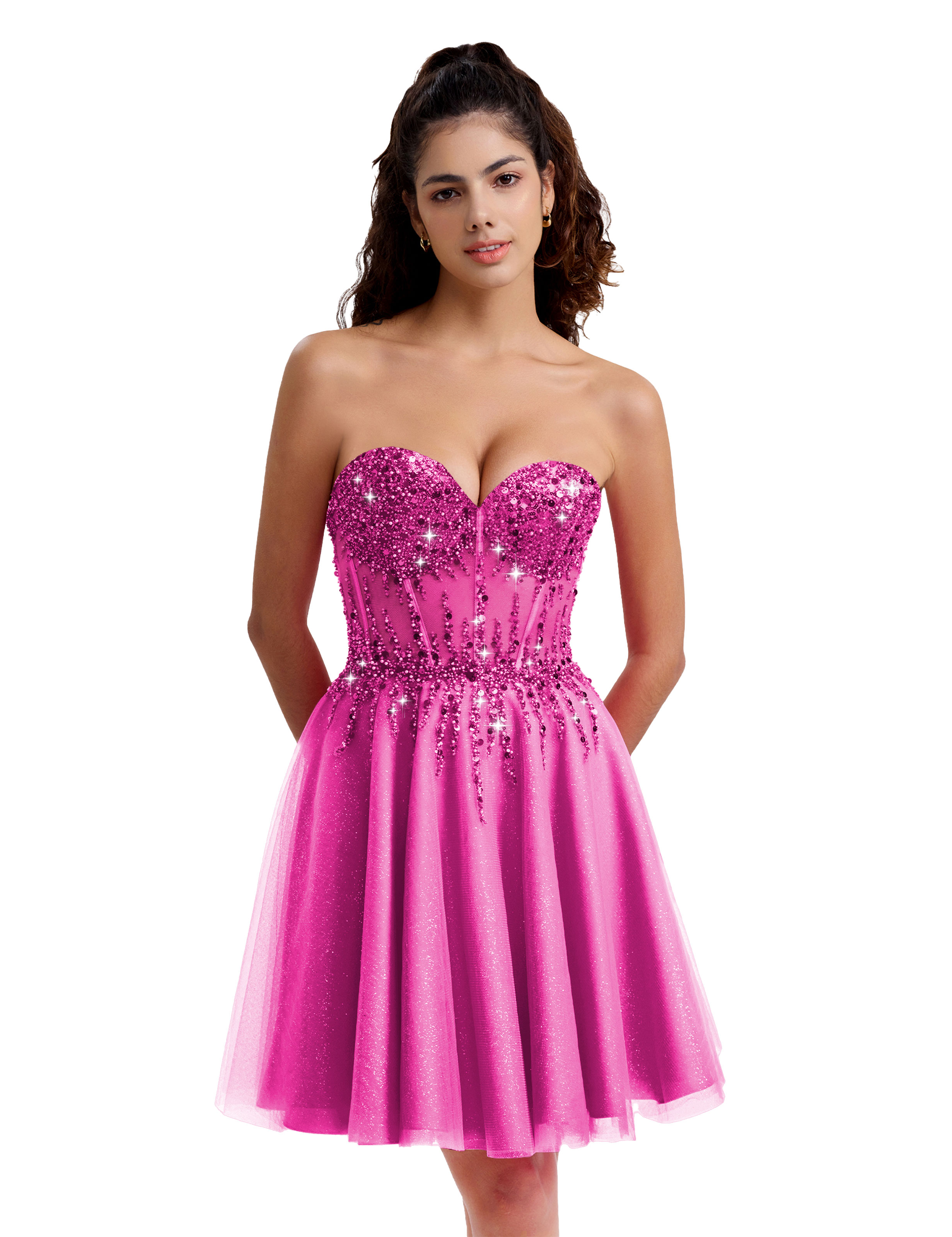 Sparkly A-line Sweetheart Tulle Beaded Party Homecoming Dress #HC2402135