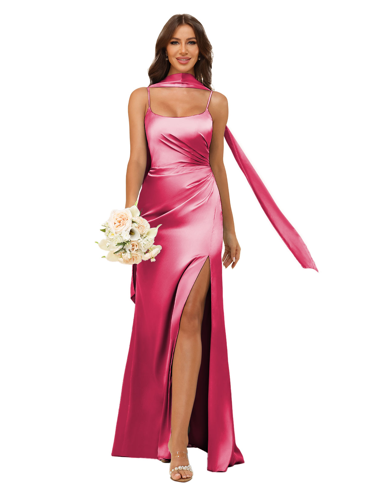 Mermaid U-neck Spaghetti Straps Satin Silt Bridesmaid Dress #BM2507145