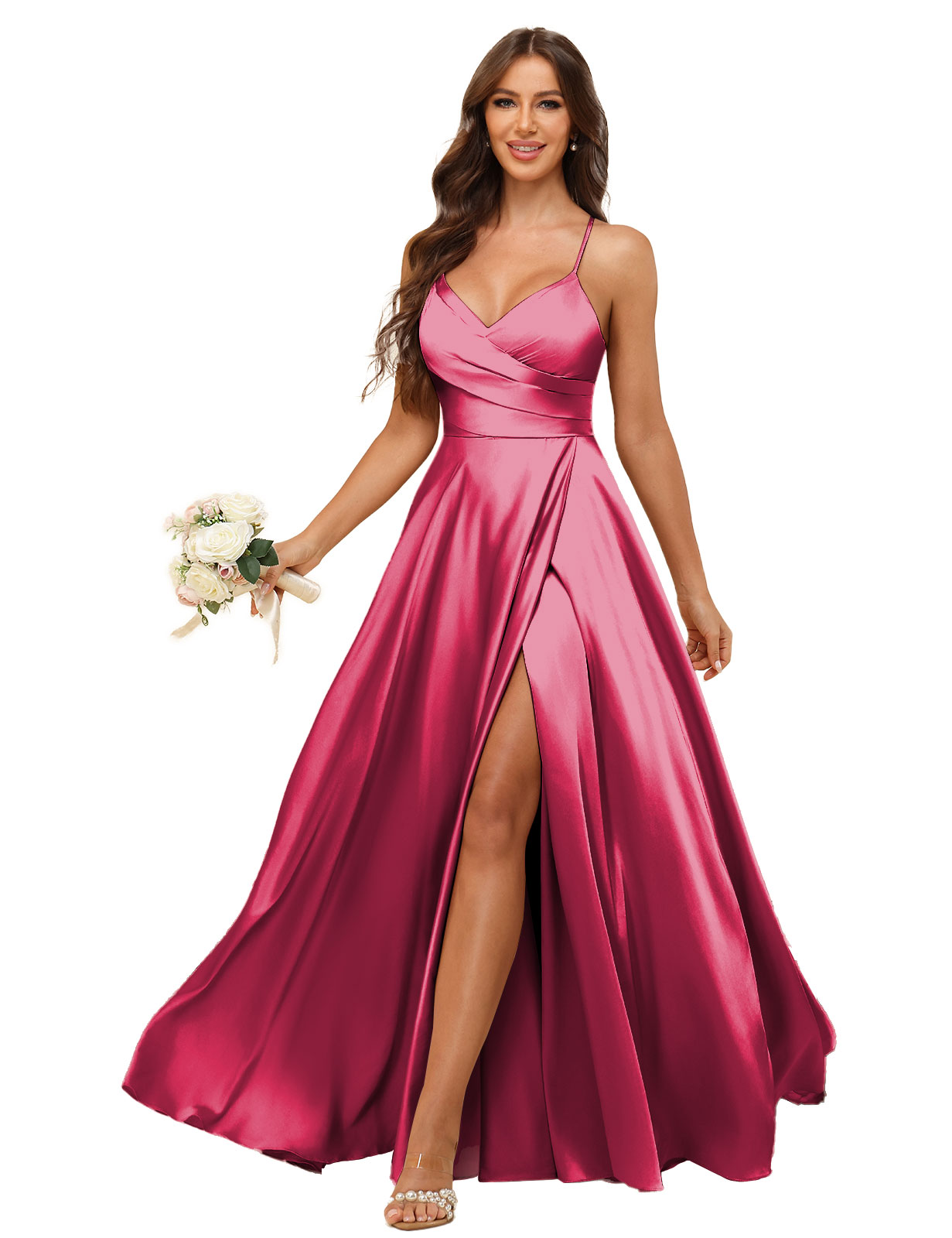 A-line V-neck Spaghetti Straps Satin Silt Bridesmaid Dress #BM2507218