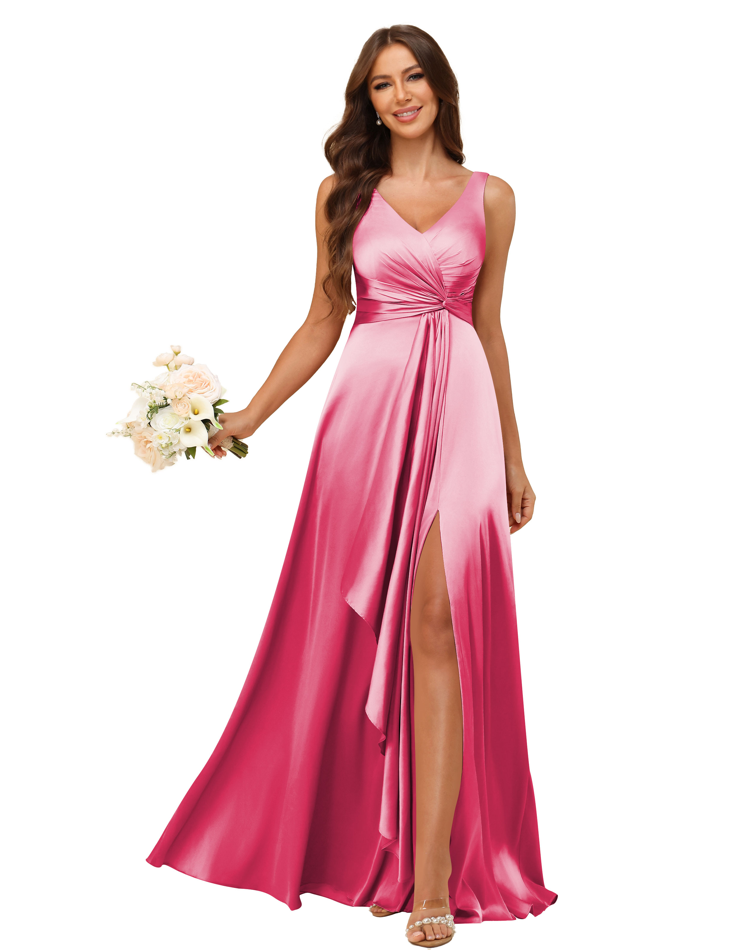 A-line V-neck Straps Satin Silt Lace Up Bridesmaid Dress #BM2507147