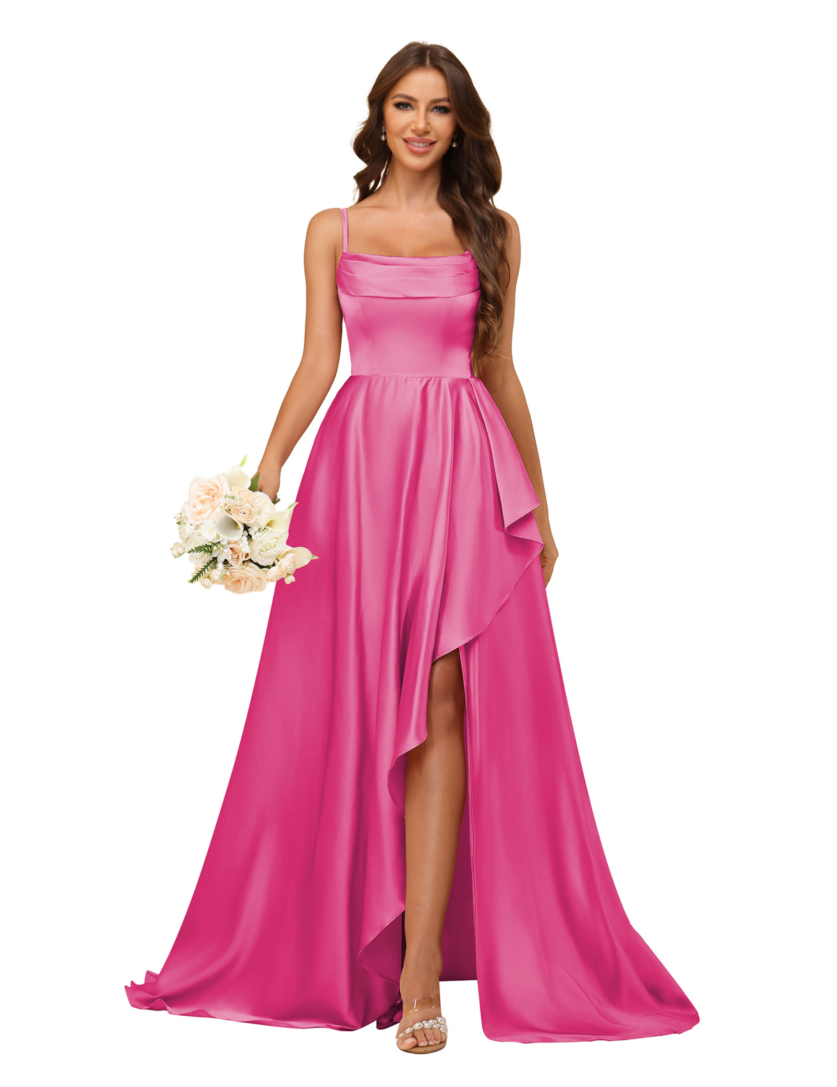 A-line U-neck Spaghetti Straps Satin Silt Bridesmaid Dress #BM2507213