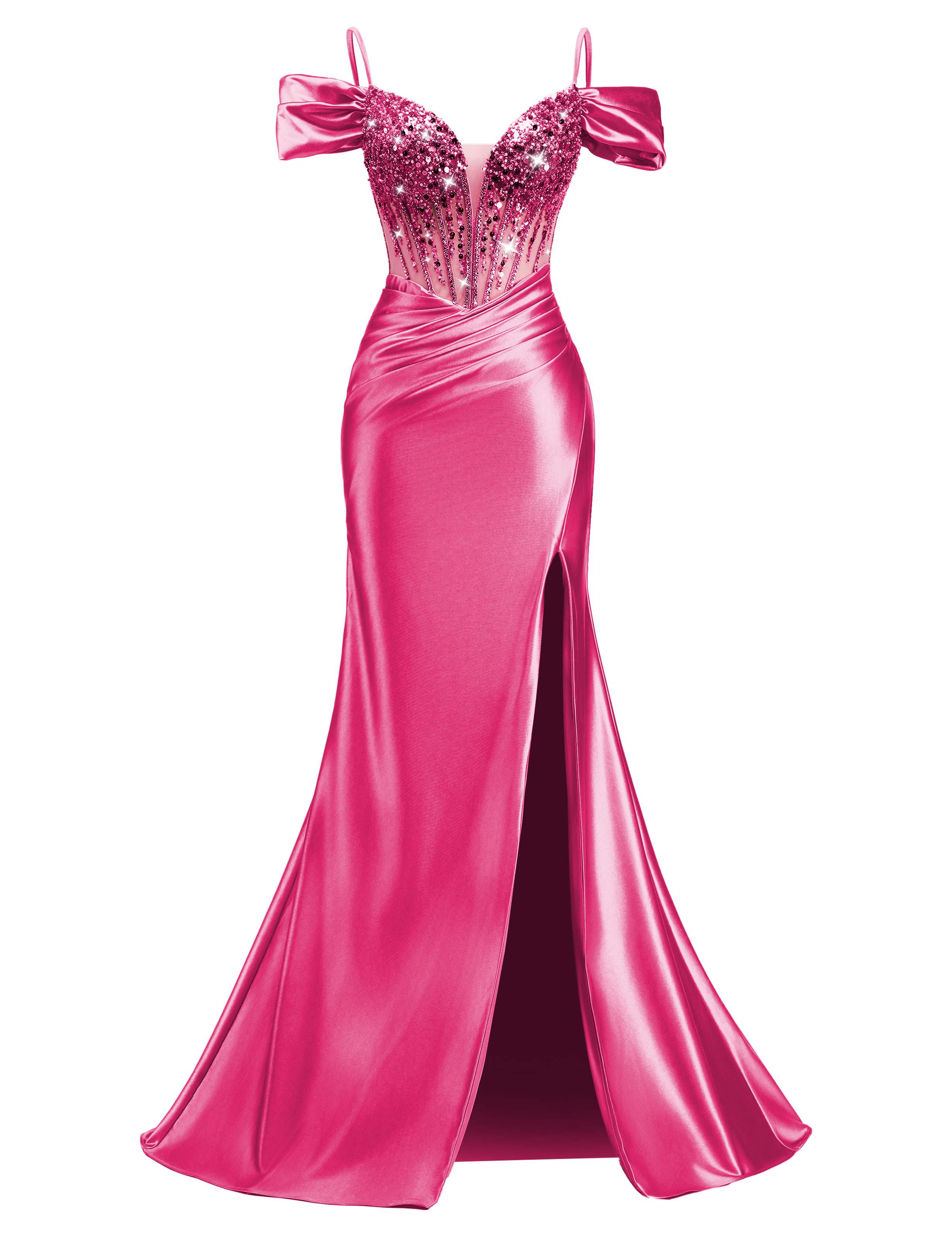 Mermaid V-neck Off Shoulder Beaded Sequin Satin Slit Prom Dress #PR2510014