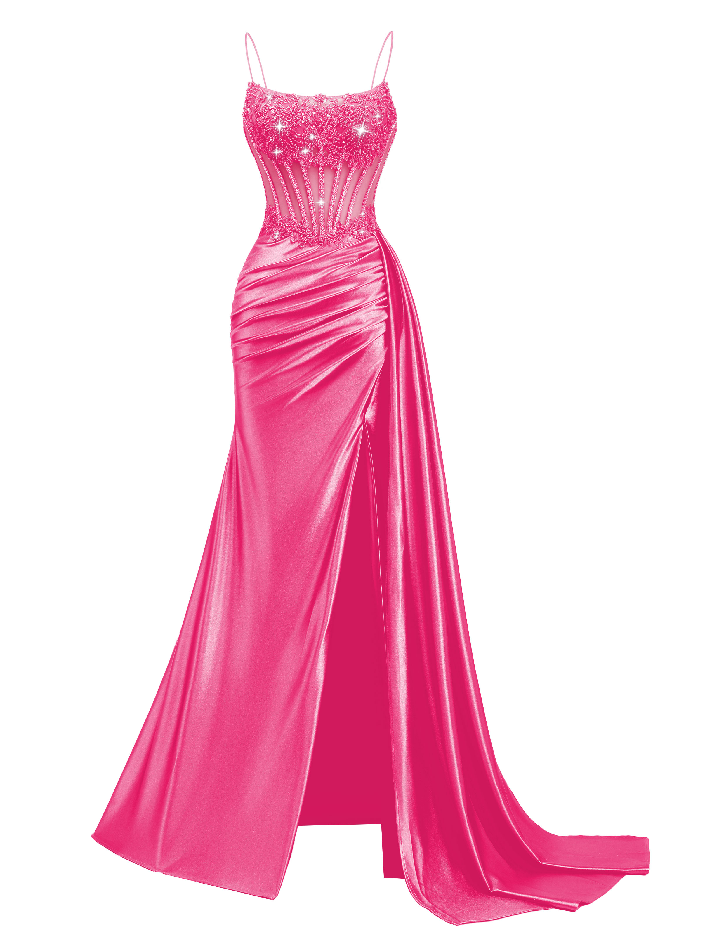 Mermaid Spaghetti Straps Pleated Satin Beaded Slit Prom Dress #PR2510011