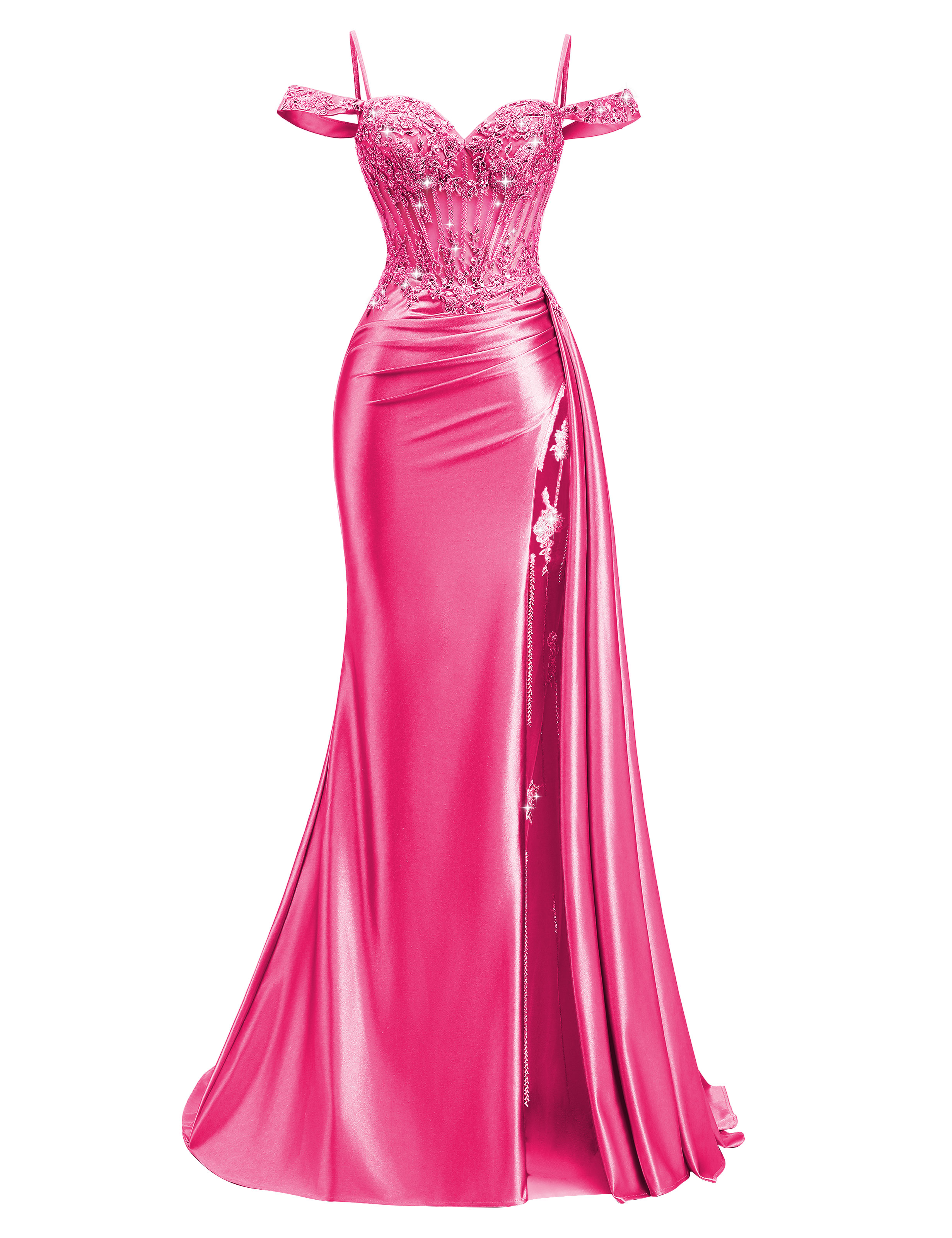 Mermaid Off Shoulder Beaded Sequin Appliques Satin Slit Prom Dress #PR2510009
