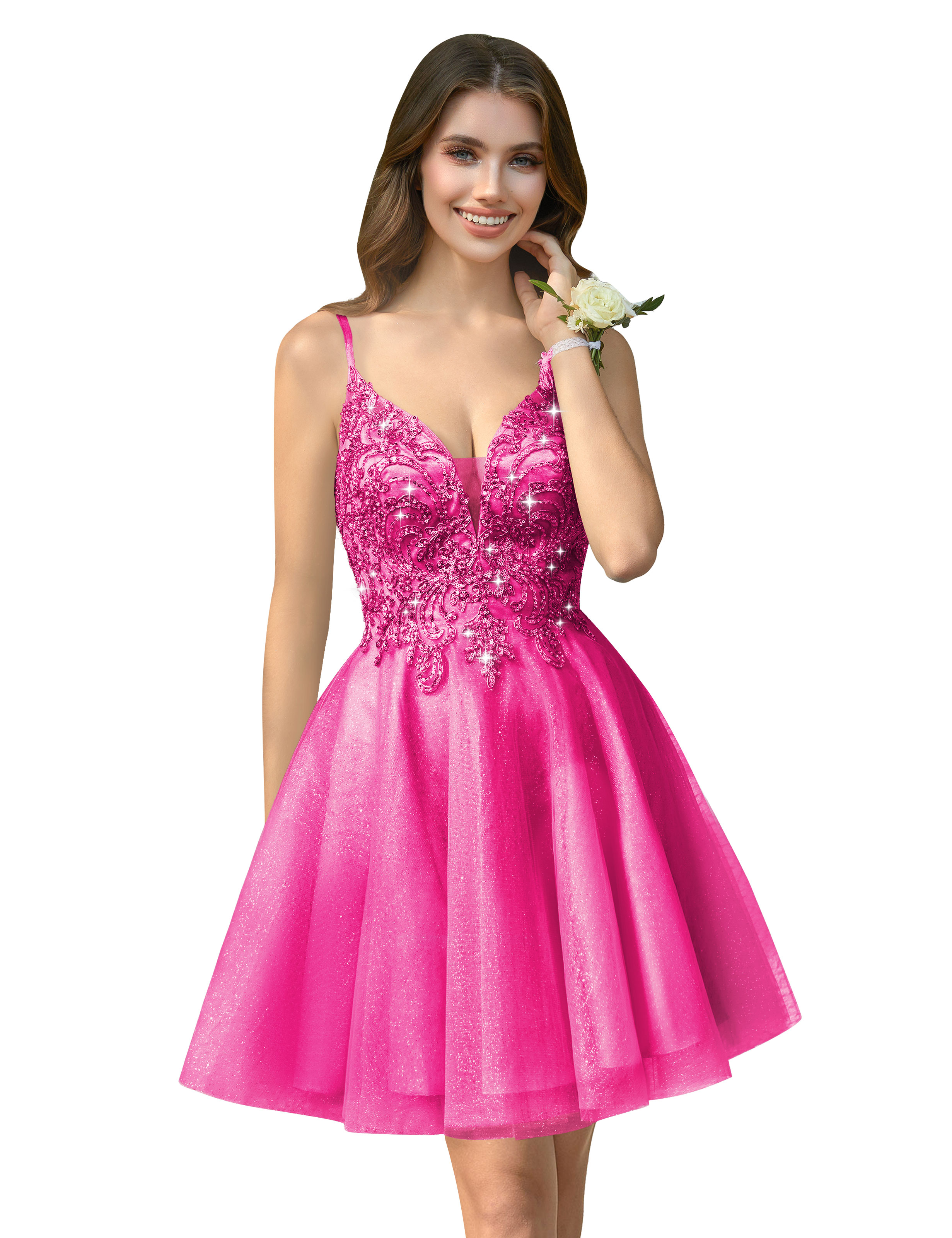 A-line V-neck Spaghetti Strap Sparkly Beaded Tulle Homecoming Dress #HC2401940