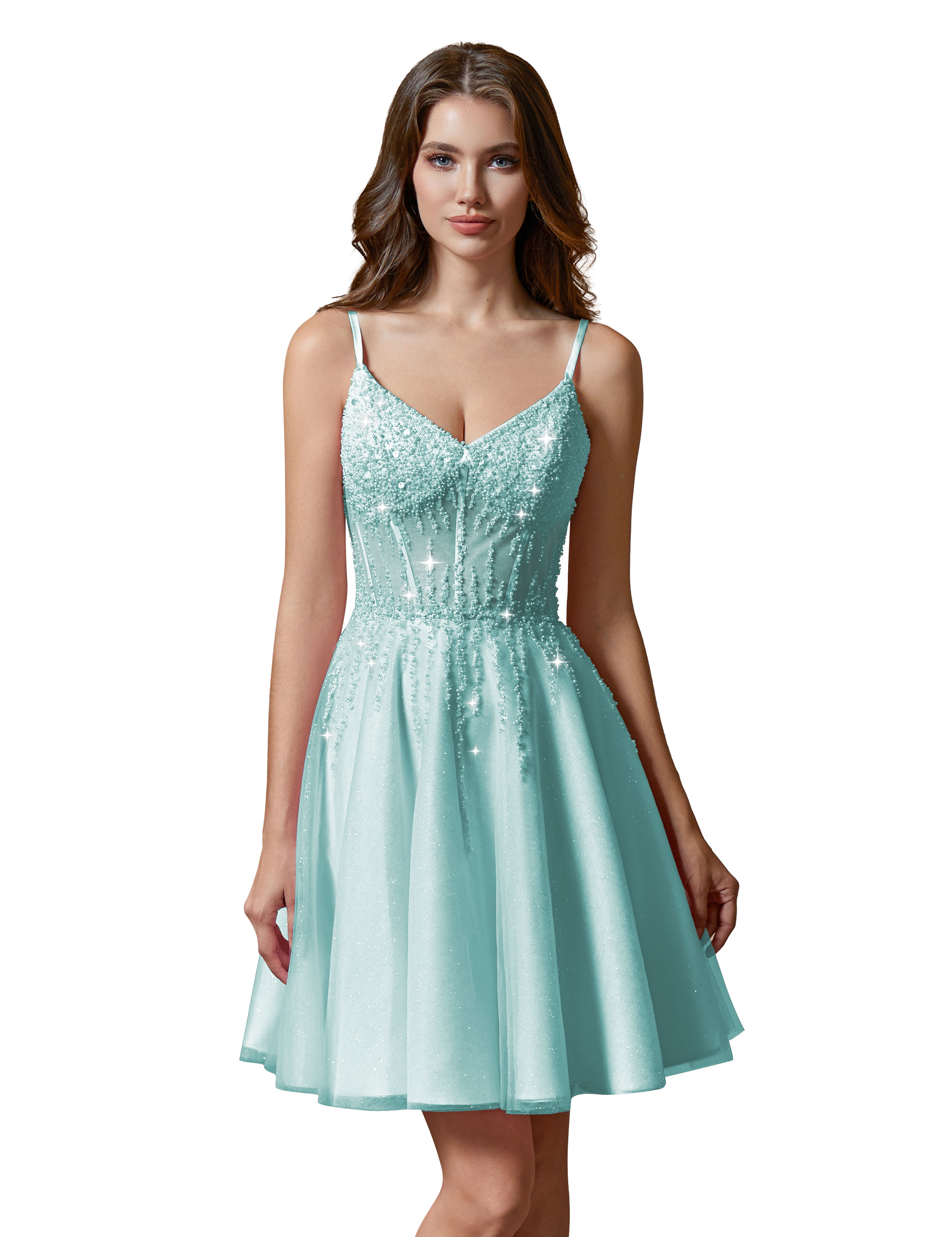 A-line V-Neck Sparkly Tulle Lace Appliques Homecoming Dress #HC2401738