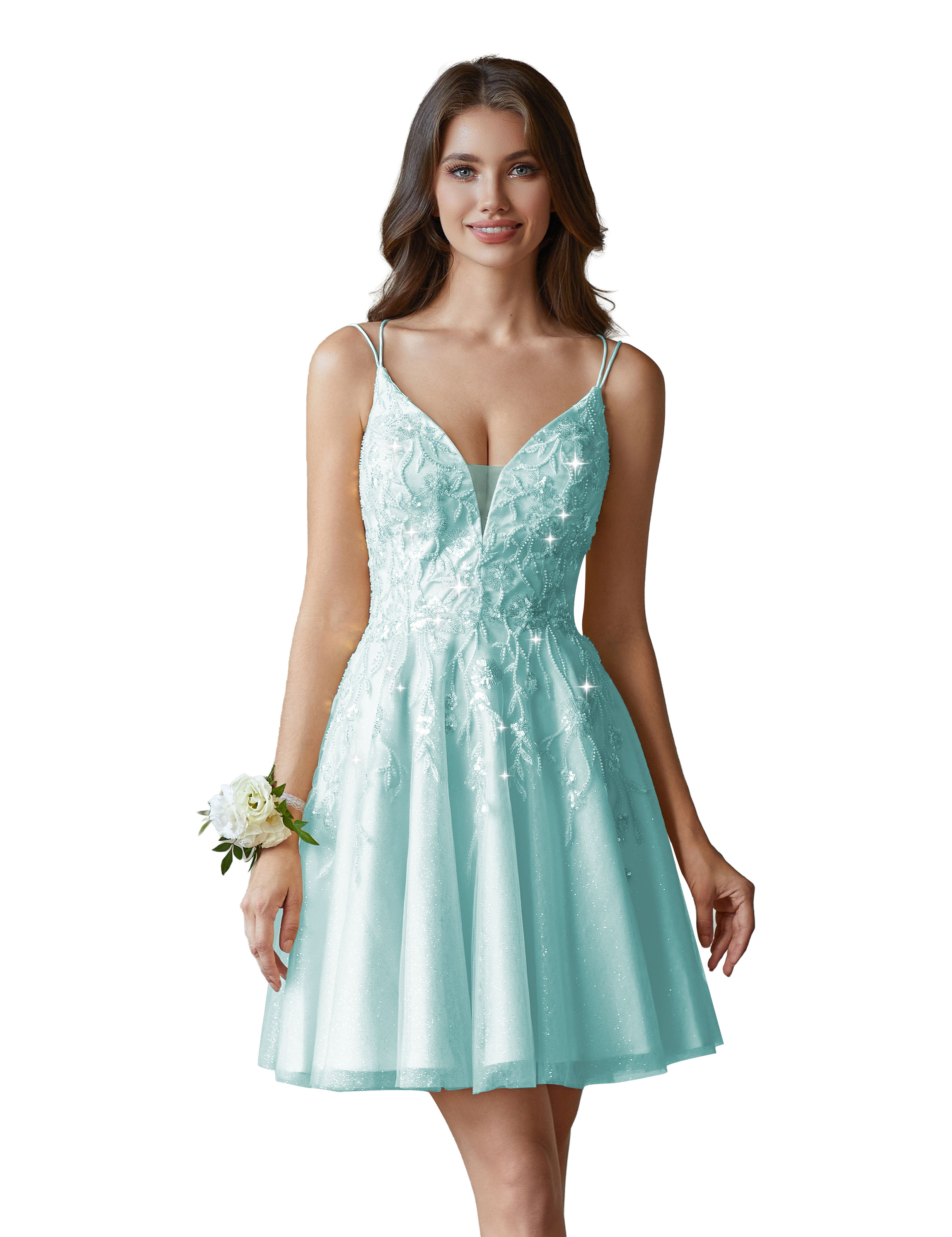 A-line V-Neck Tulle Beaded Lace Appliques Cocktail Homecoming Dress #HC2402602