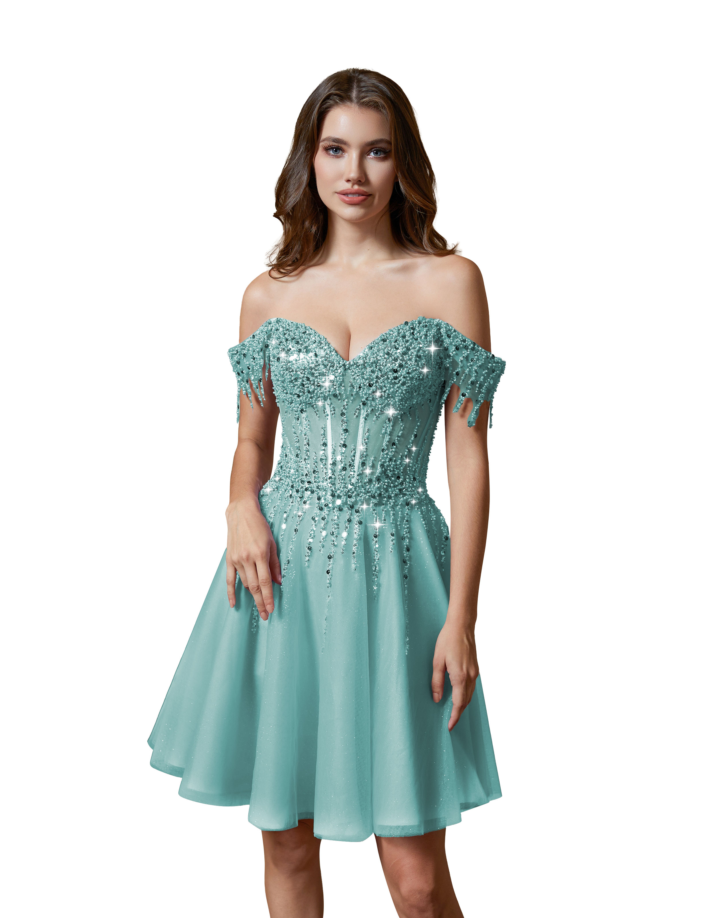 A-line Off Shoulder Lace Appliques Sparkly Sequin Tulle Homecoming Dress #HC2401169