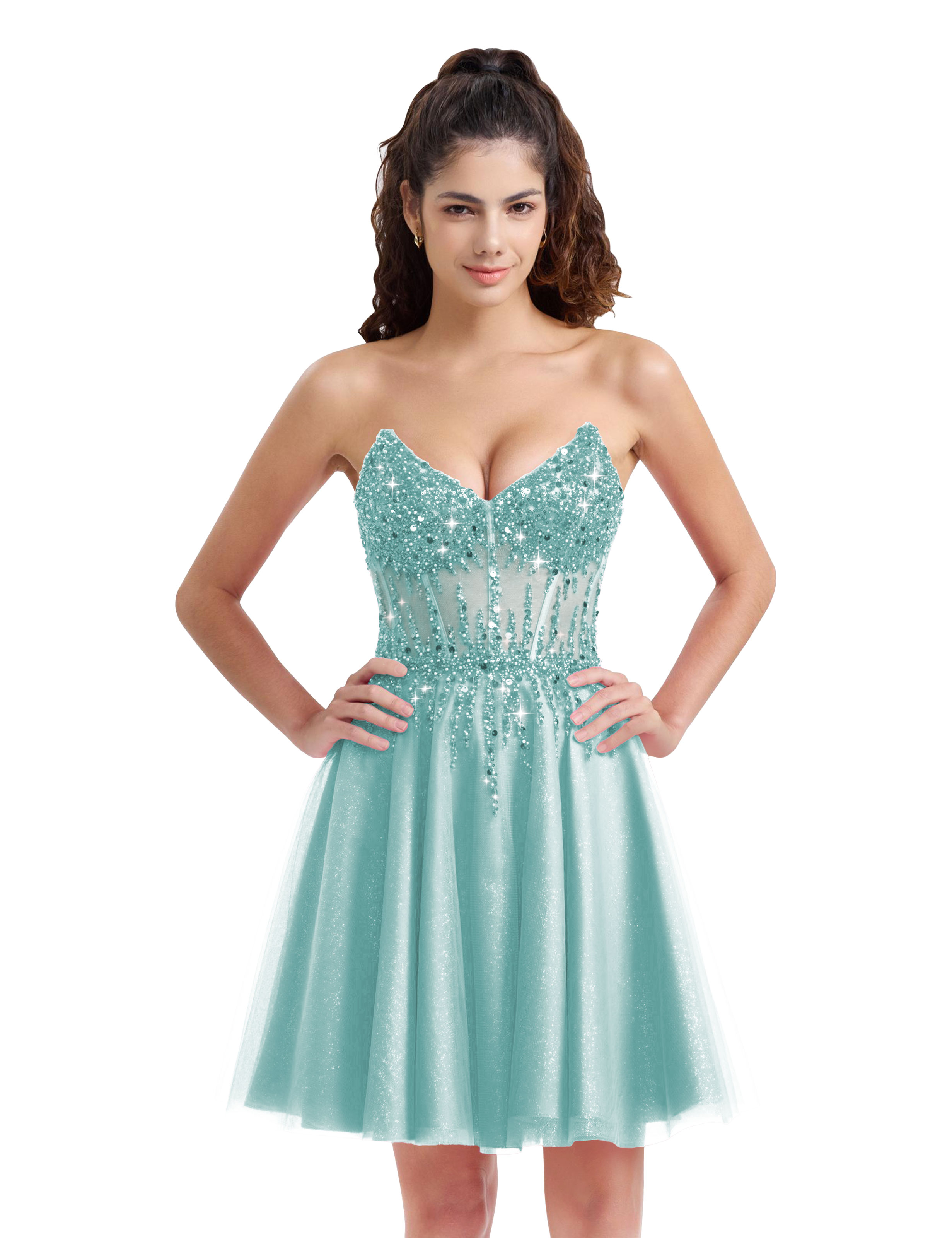 Sparkly A-line V-Neck Tulle Strapless Beaded Homecoming Dress #HC2402127