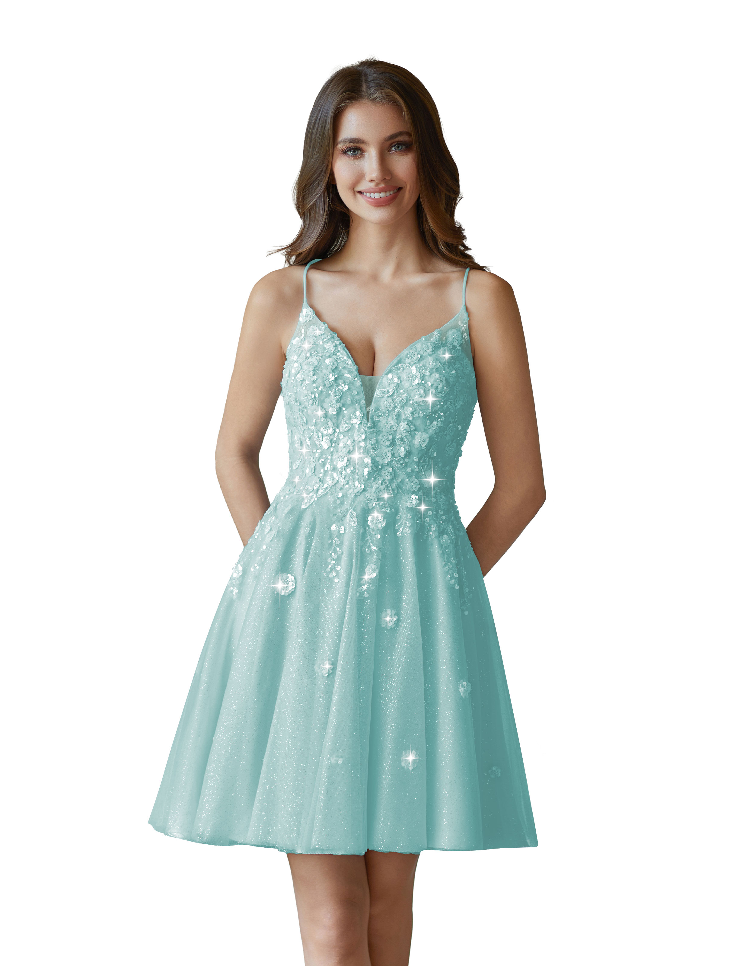 V-Neck Sspaghetti Strap Sparkly Lace Sequin Short Tulle Homecoming Dress #HC2604021