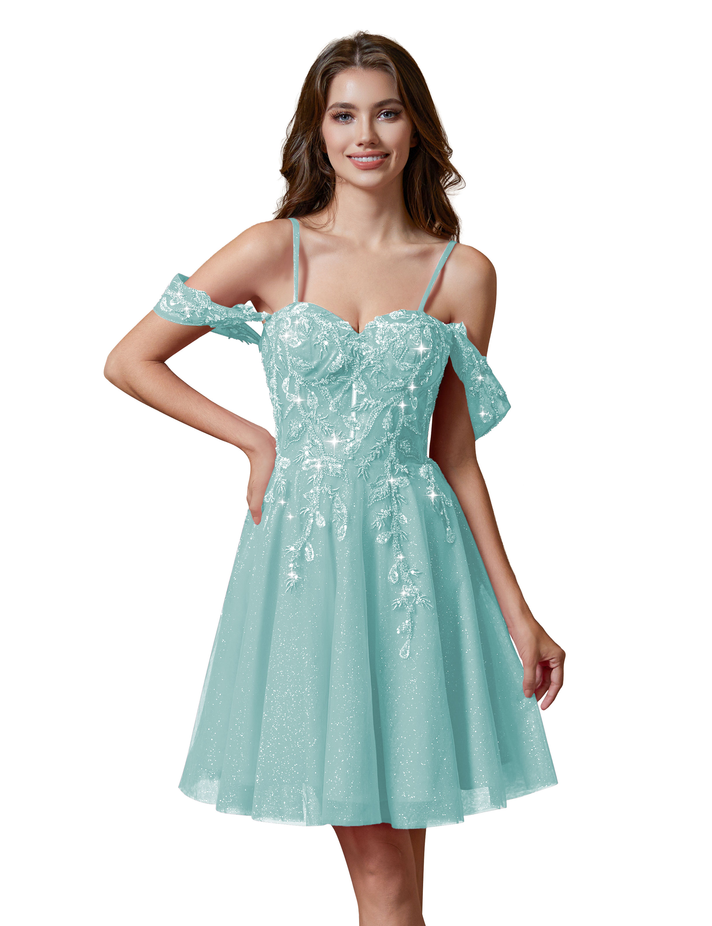 A-line Spaghetti Straps Lace Applique Cocktail Party Homecoming Dress #HC2401237