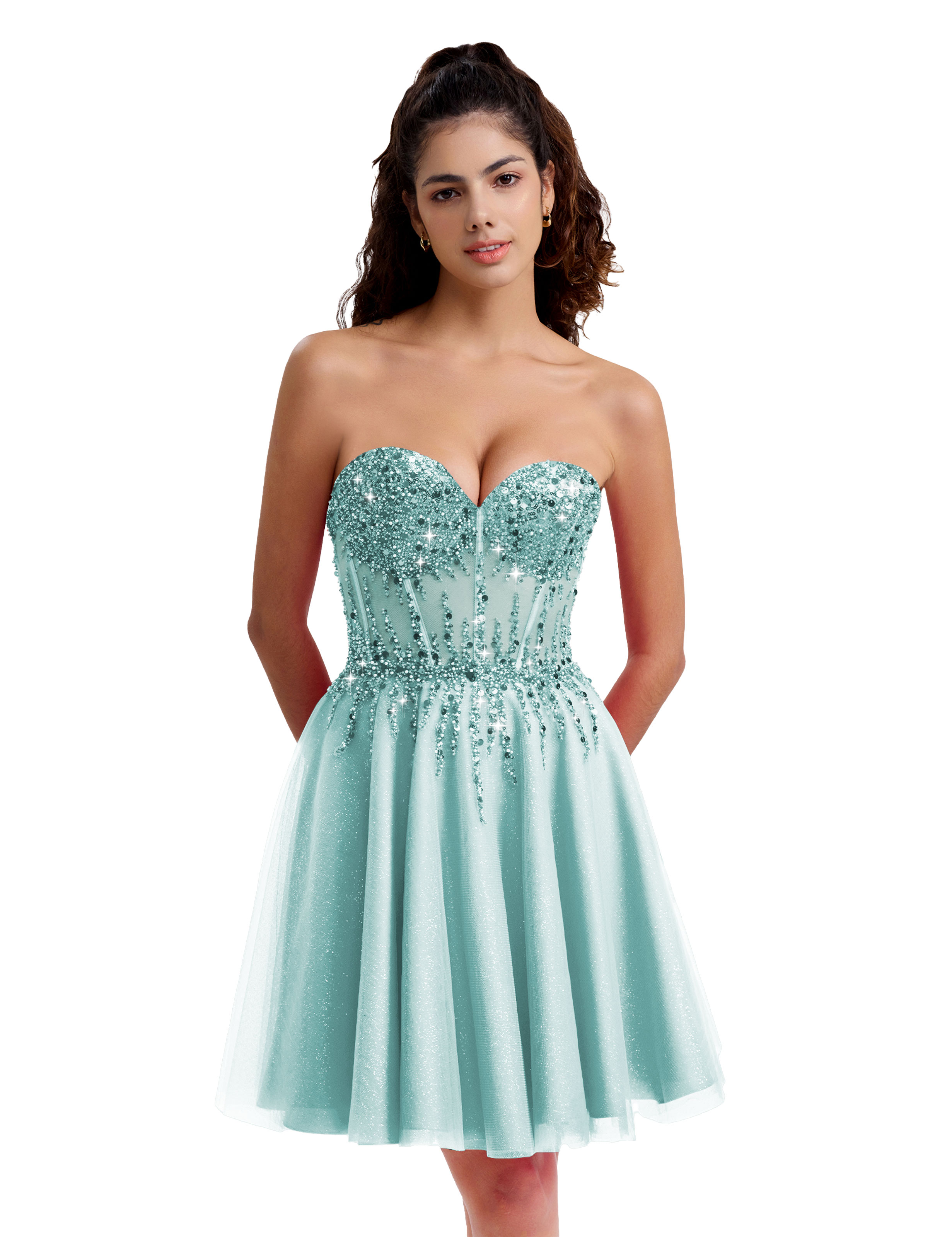 Sparkly A-line Sweetheart Tulle Beaded Party Homecoming Dress #HC2402135