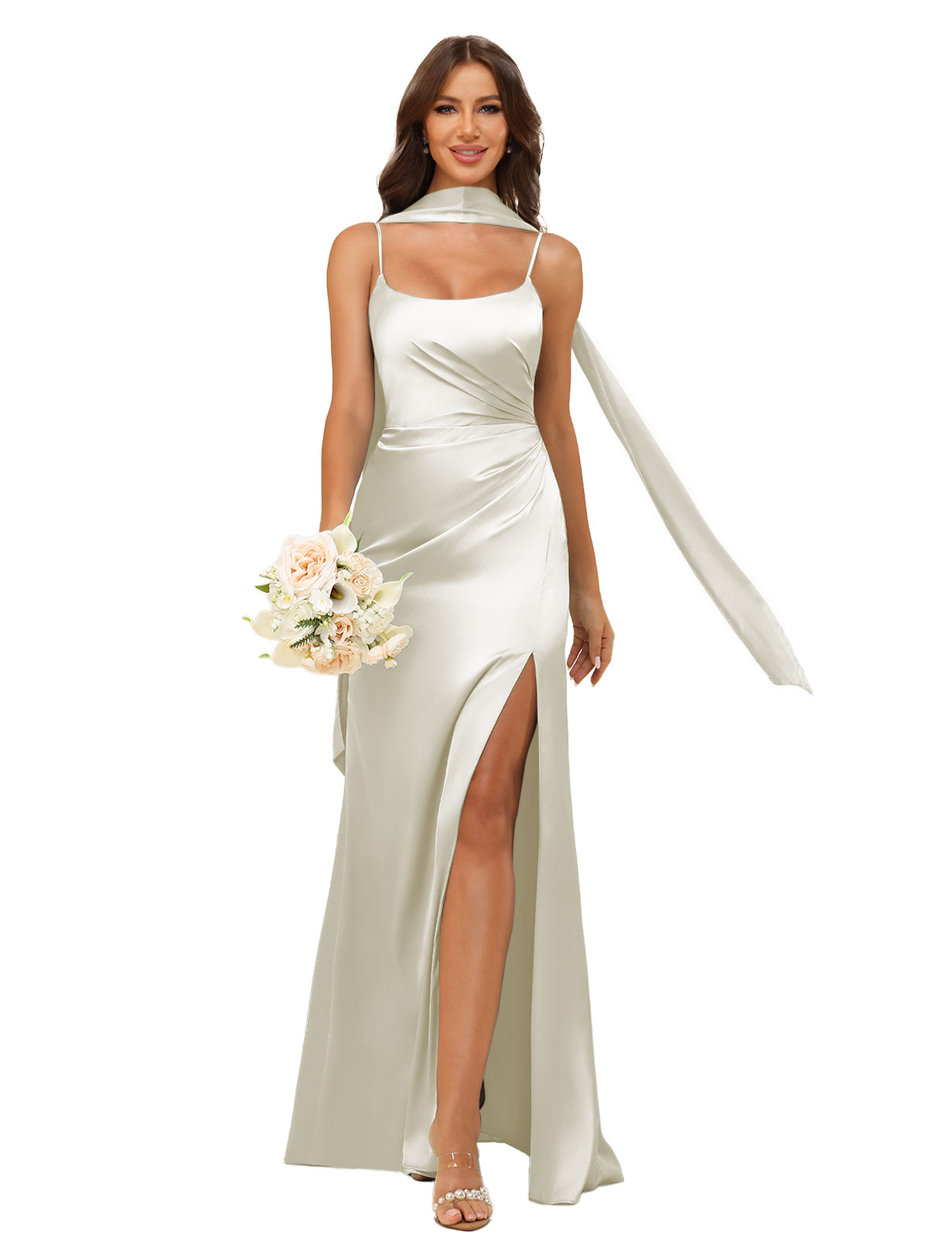 Mermaid U-neck Spaghetti Straps Satin Silt Bridesmaid Dress #BM2507145