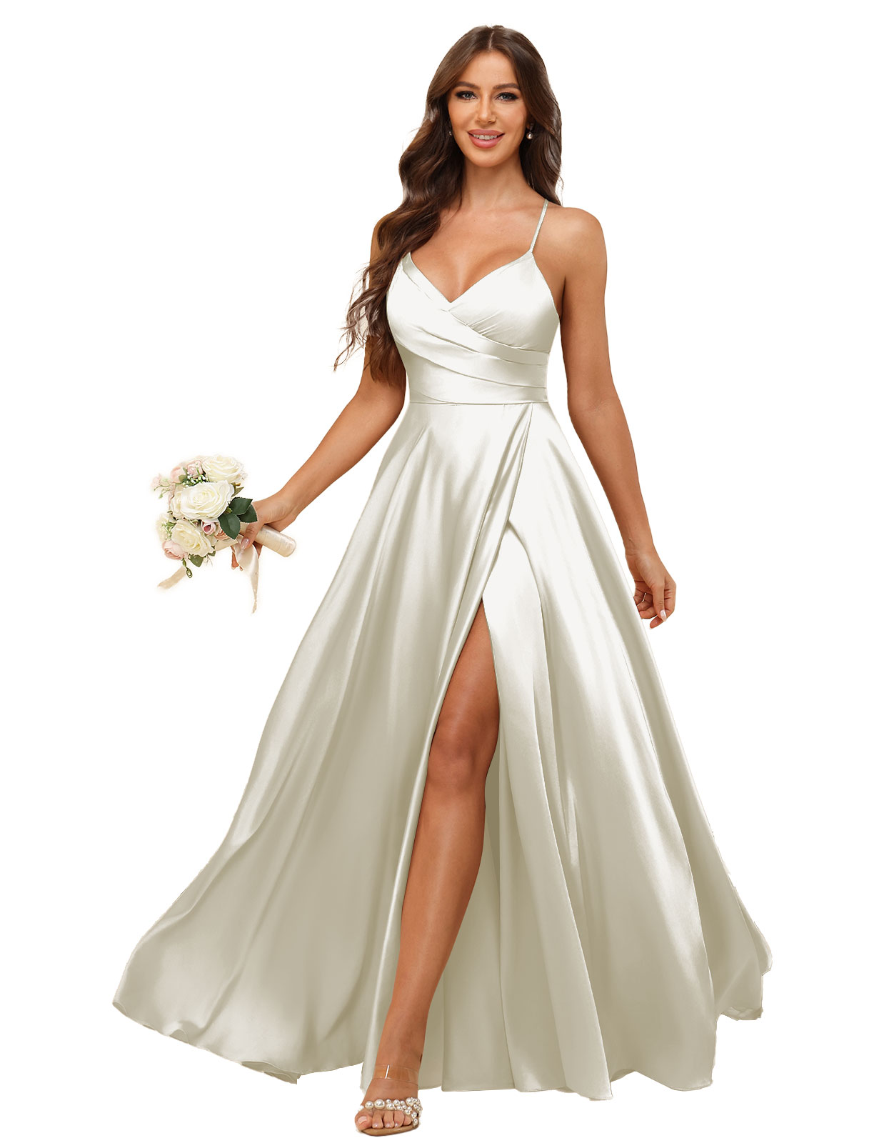 A-line V-neck Spaghetti Straps Satin Silt Bridesmaid Dress #BM2507218