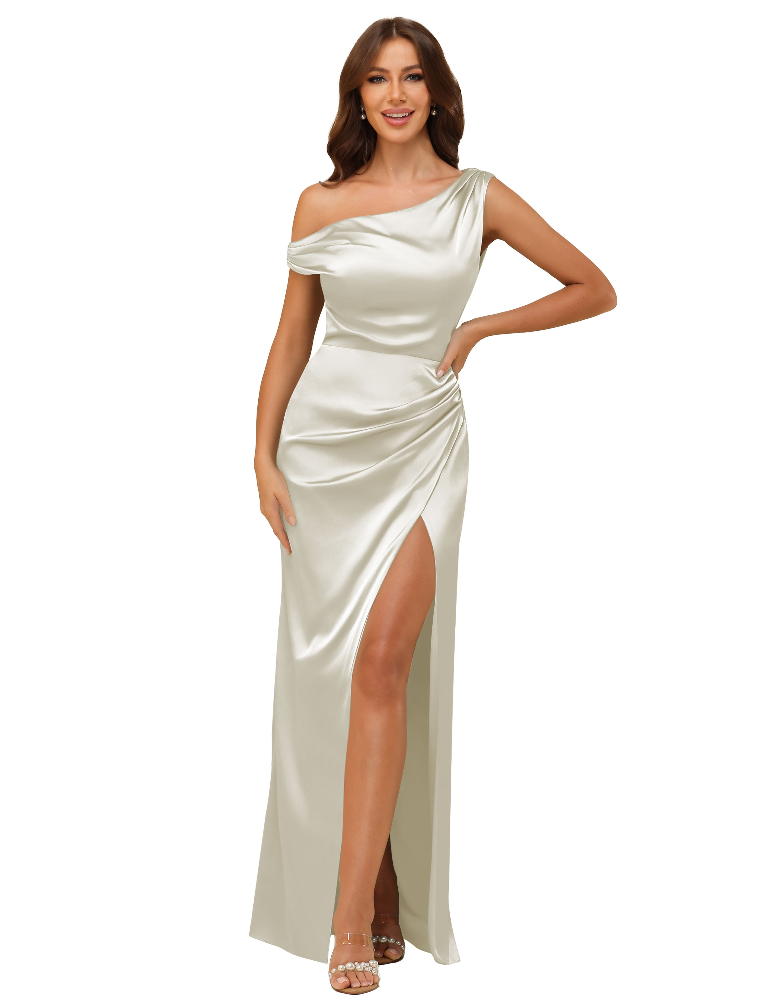 Sheath One Shoulder Satin Silt Side Zip Bridesmaid Dress #BM2507059