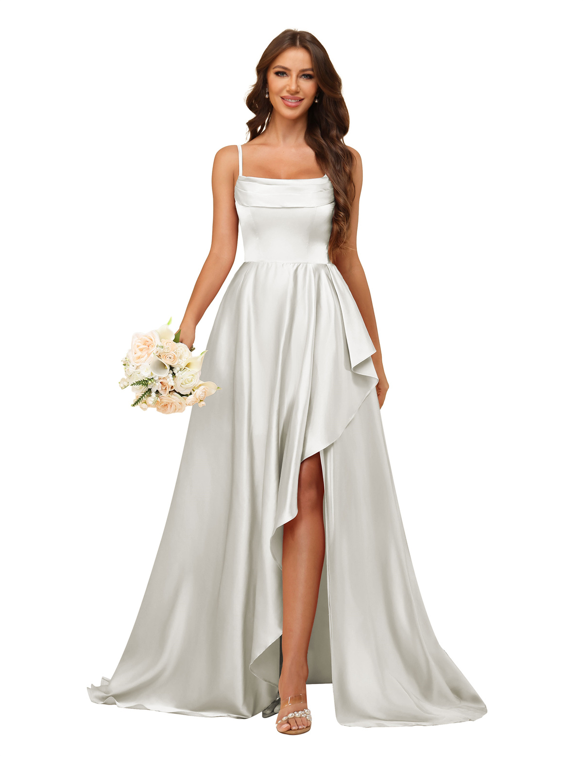 A-line U-neck Spaghetti Straps Satin Silt Bridesmaid Dress #BM2507213