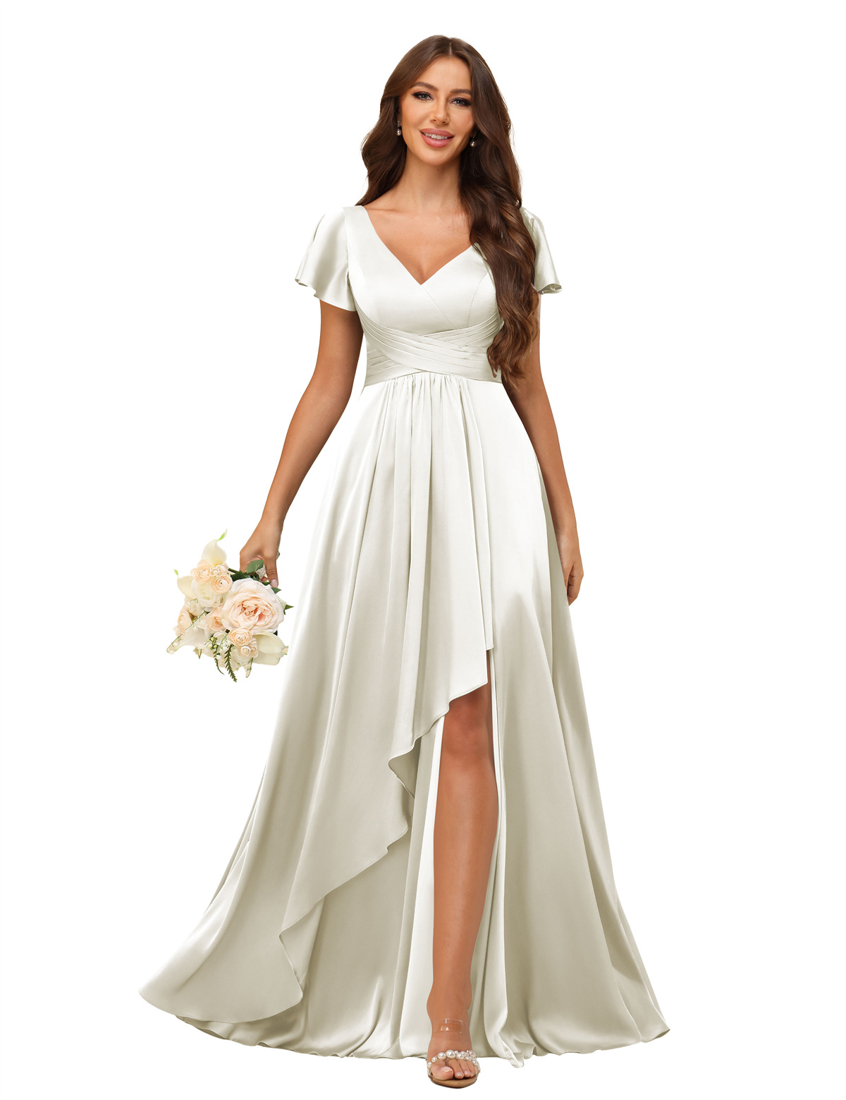 A-line V-neck Short Sleeves Satin Silt Bridesmaid Dress #BM2508022